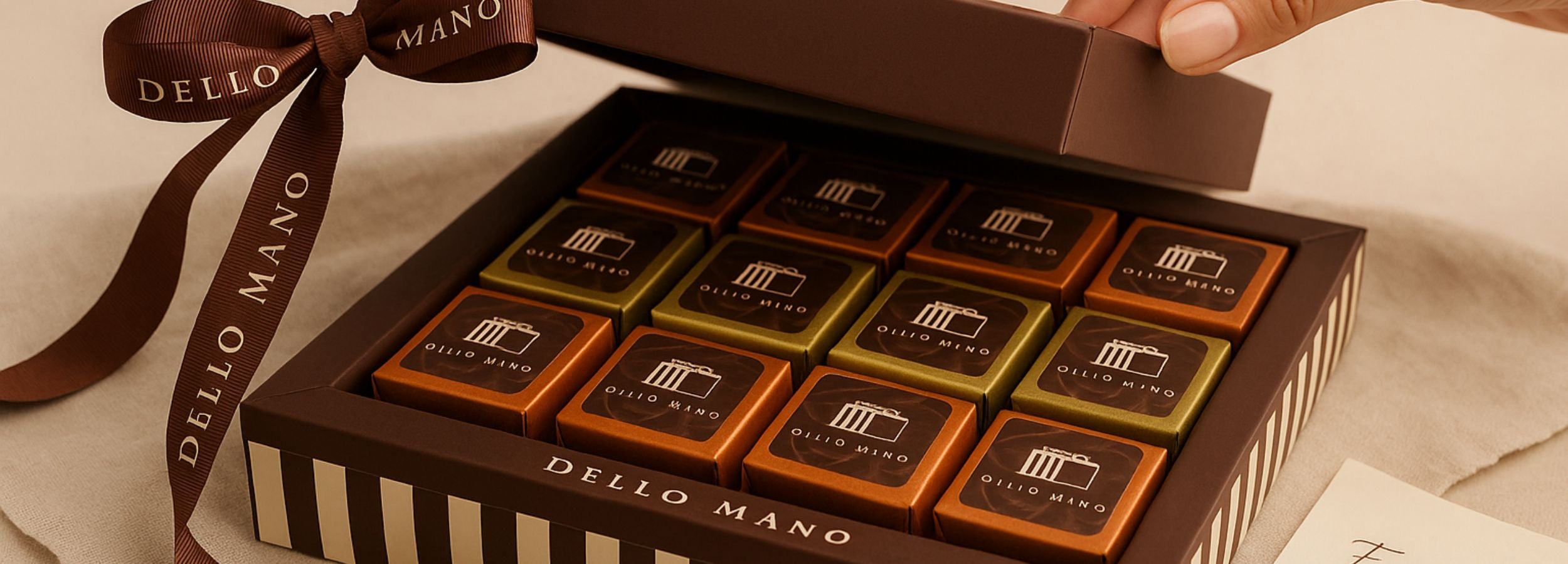 A hand opening a  Dello Mano gift box of individually foiled brownies with a brown ribbon bow at the side