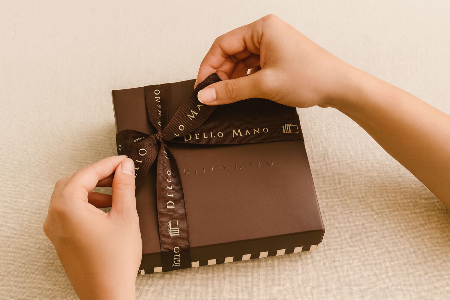 Hands tying ribbon on Dello Mano brownie gift box prepared for delivery