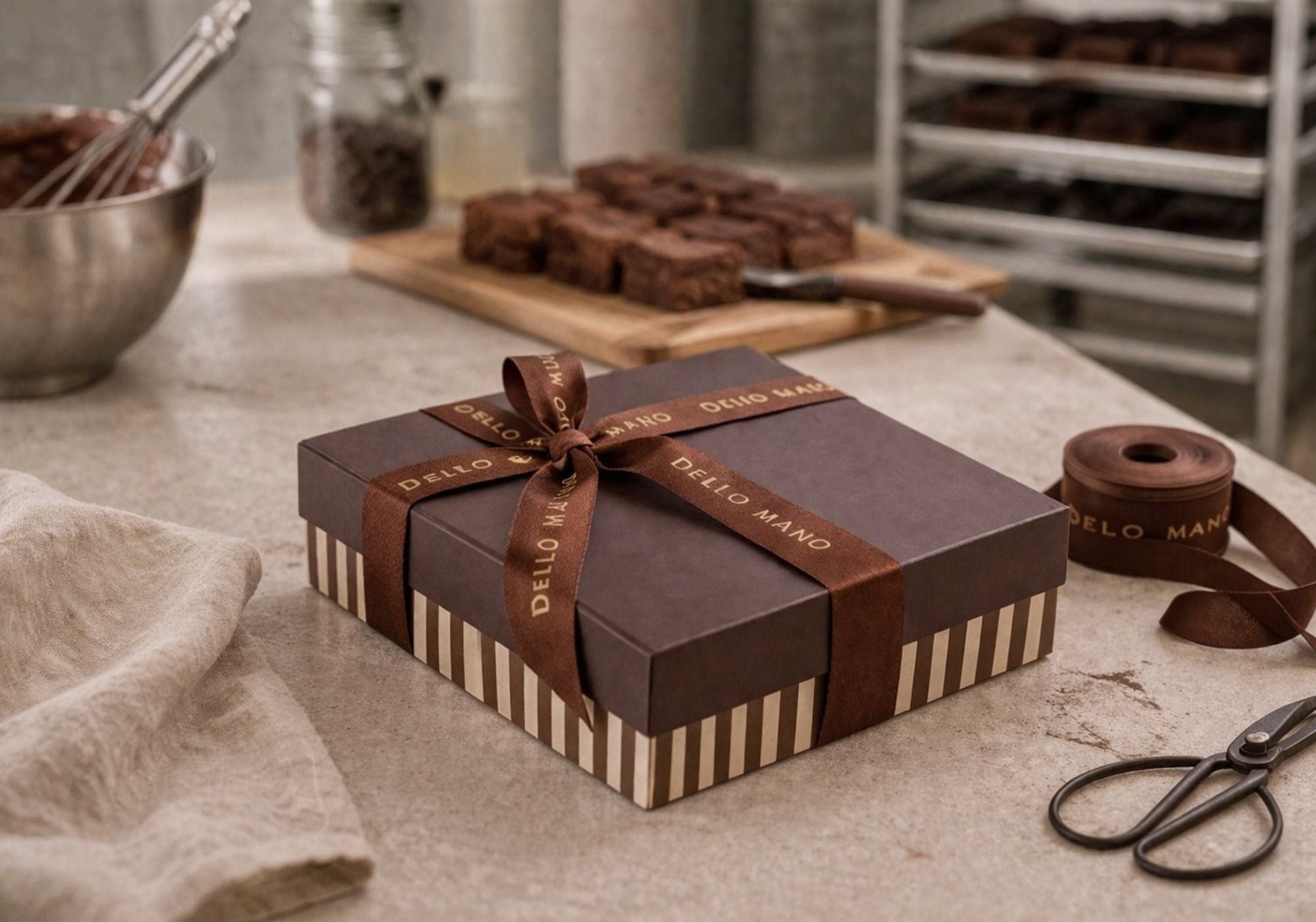 Handmade brownie gift box in a Brisbane kitchen, crafted with care since 2006