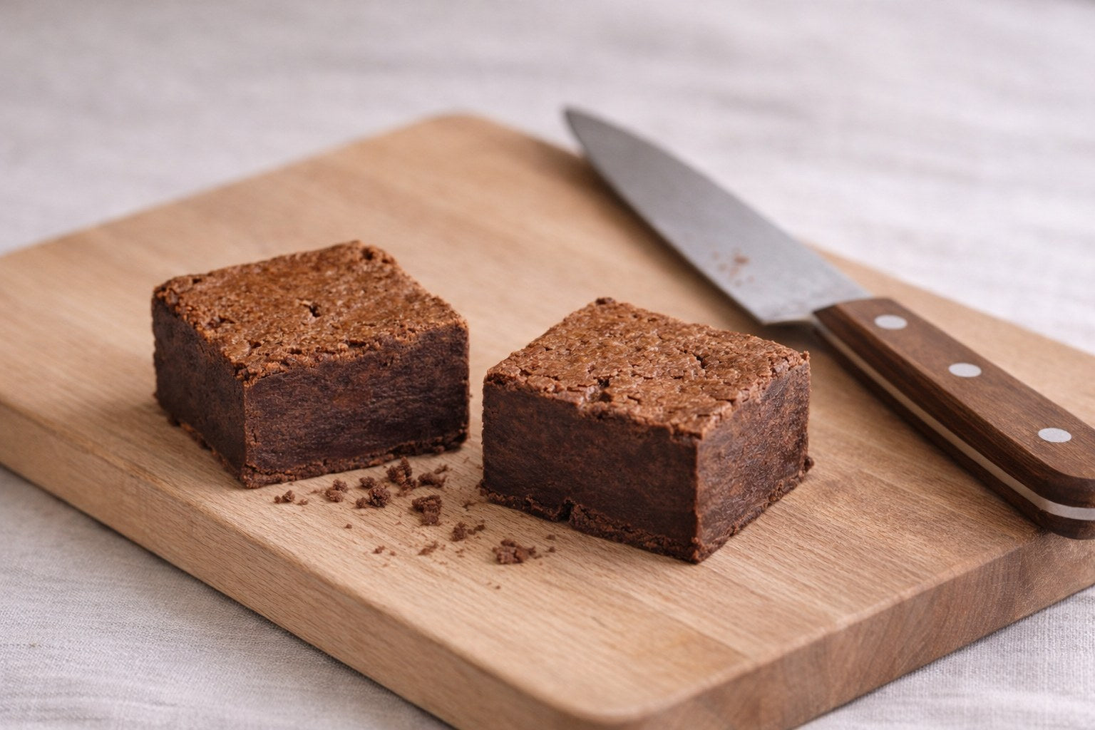 Handmade chocolate brownies on a wooden board with crumbs and knife showing texture and structure