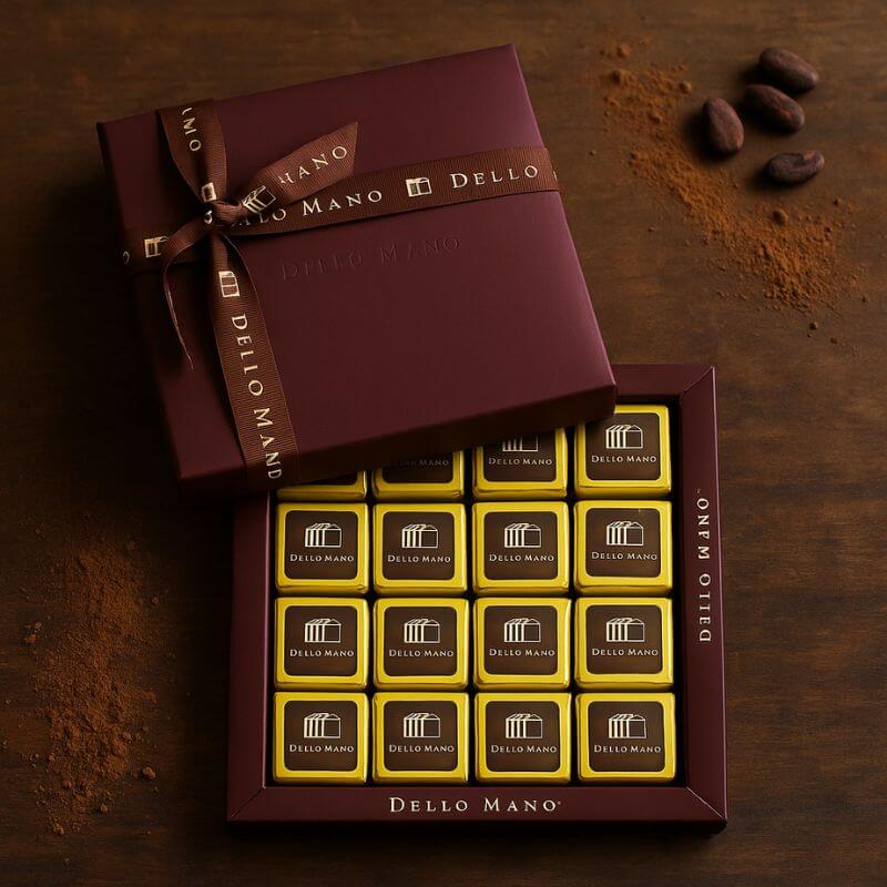 Box of chocolate brownies with 'Dello Mano' branding on a wooden surface.