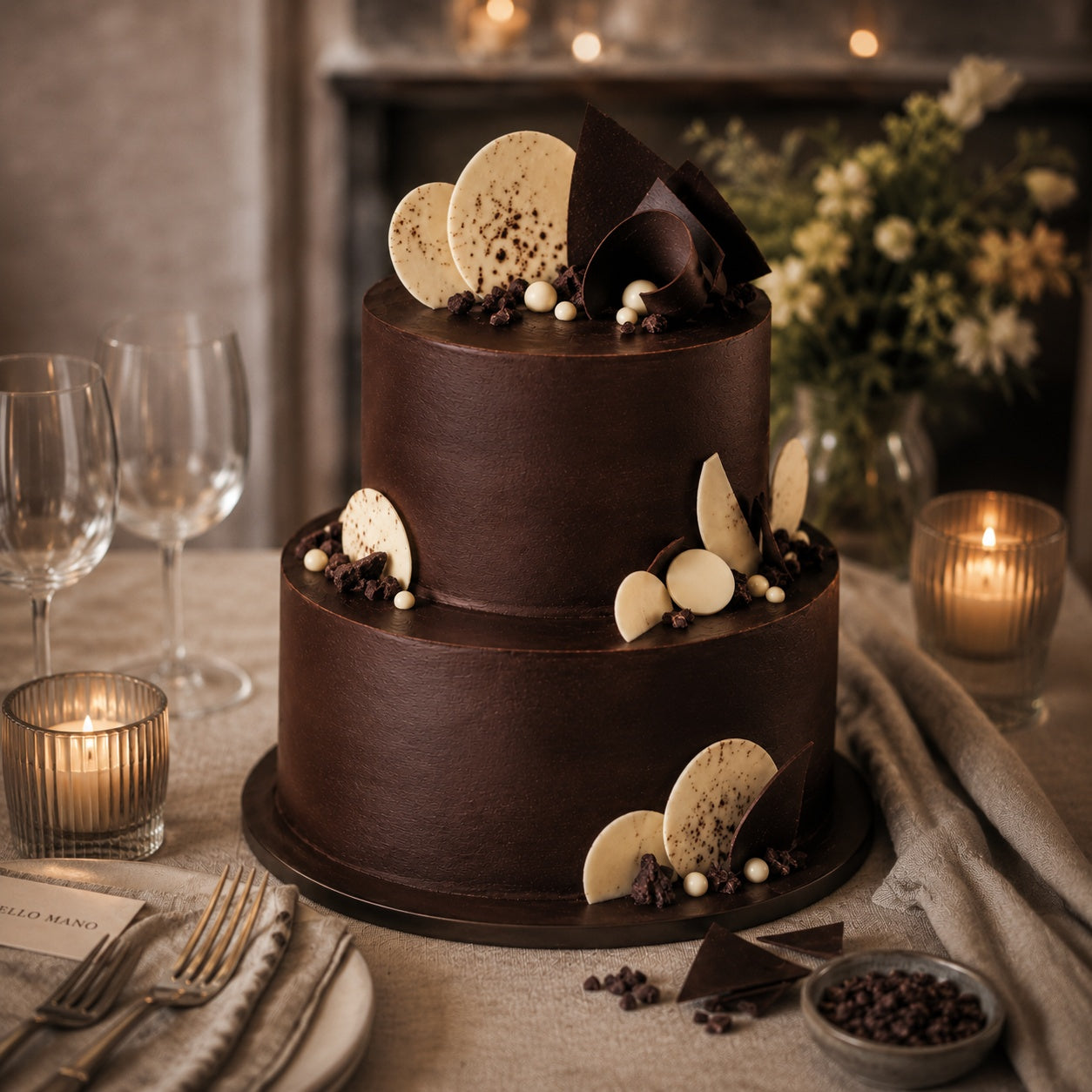 Dark chocolate wedding cake with smooth ganache, handmade chocolate shards and ivory chocolate accents, styled for a custom Dello Mano wedding cake in Brisbane.