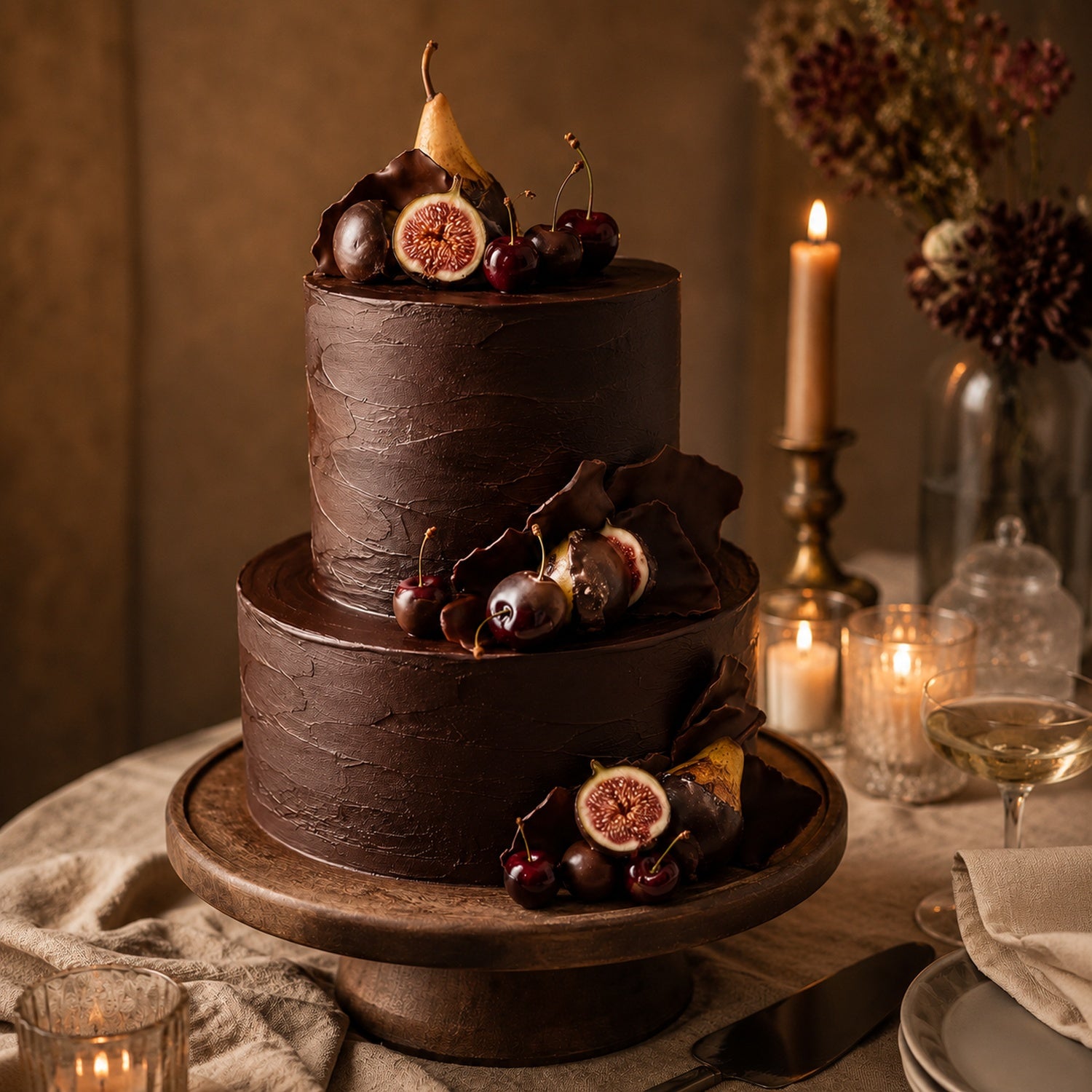 Dark chocolate wedding cake with poached pear, fig, cherries and handmade chocolate pieces, styled for a custom Dello Mano wedding cake in Brisbane.