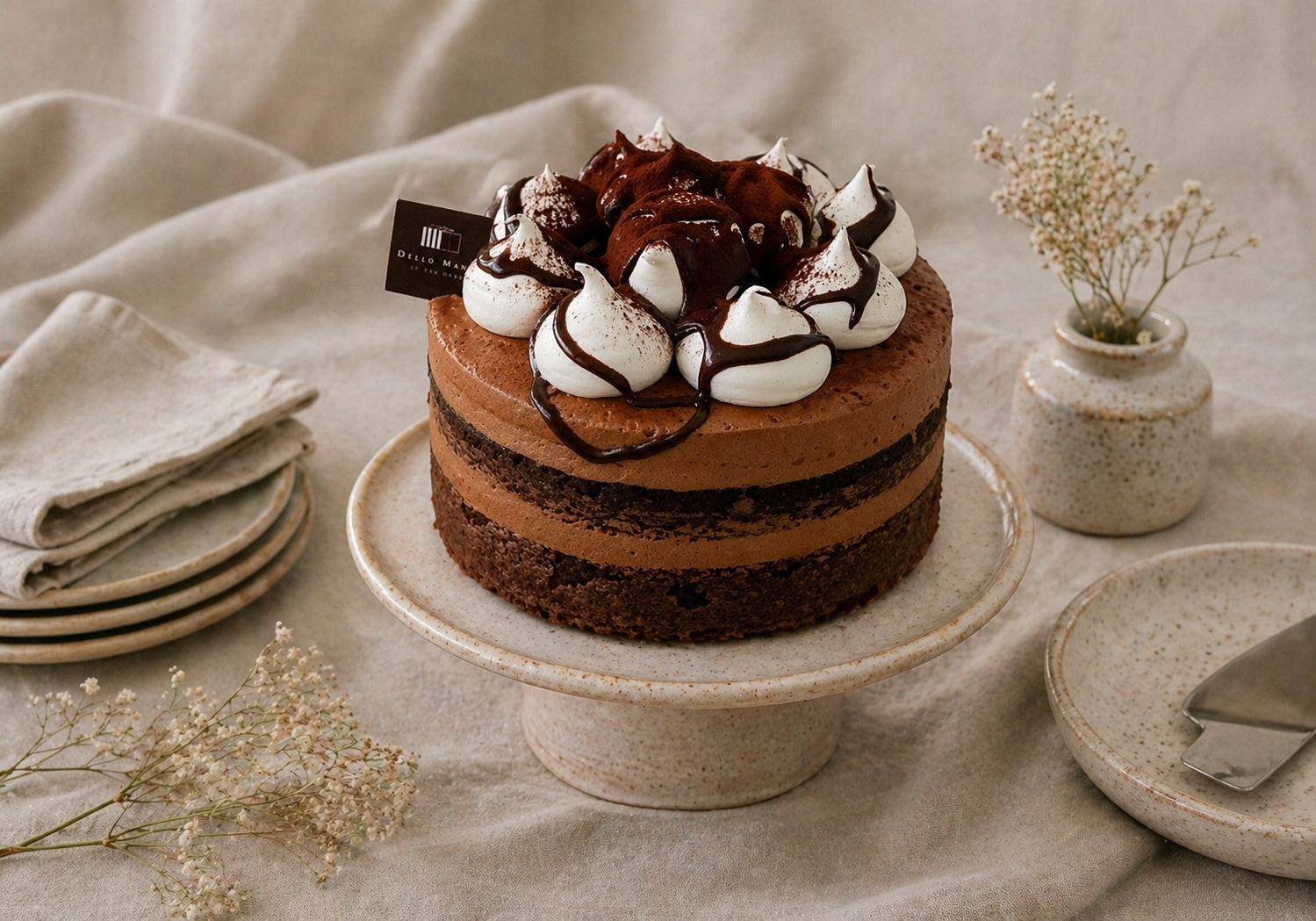 handmade chocolate cake Brisbane on ceramic stand with linen styling and natural light for celebration occasions