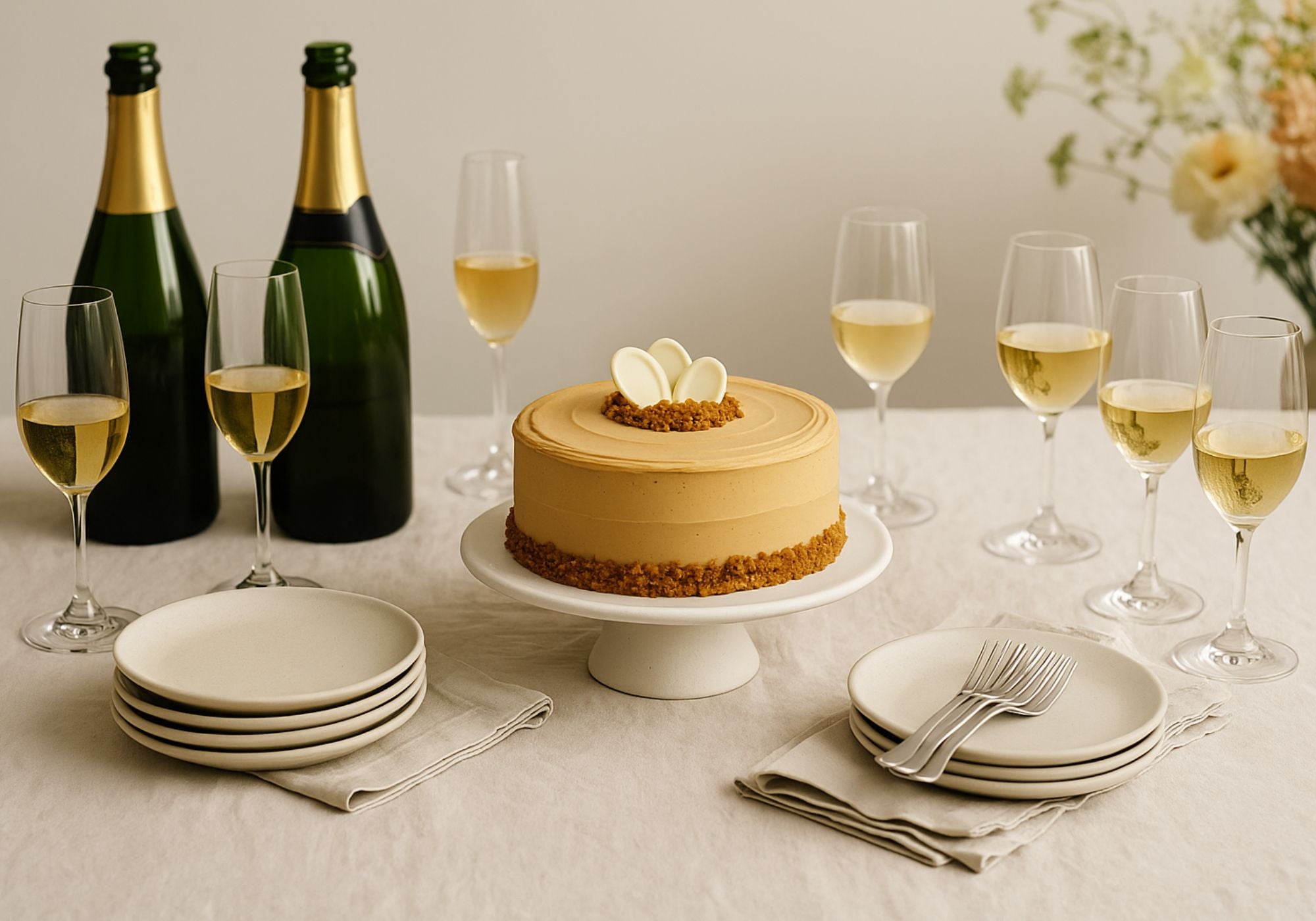 Table setting with a cake, that serves 8 to 10 people with champagne, and wine glasses on a neutral background