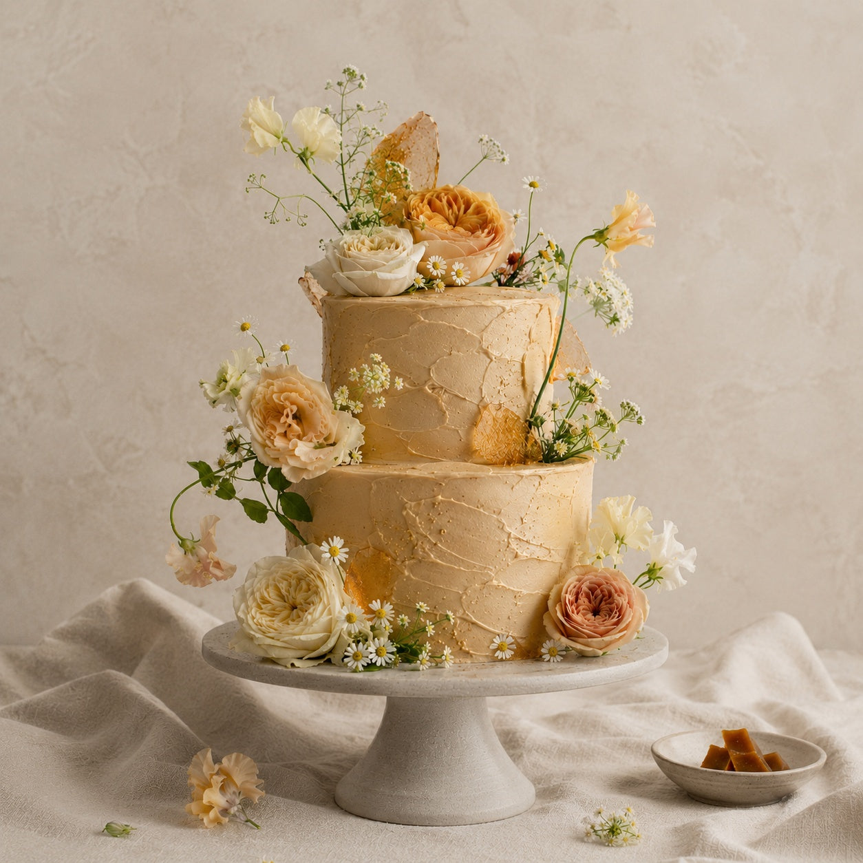 Caramel wedding cake with rustic caramel-toned frosting and soft garden florals in cream, peach and ivory tones, styled for a custom Dello Mano wedding cake in Brisbane.