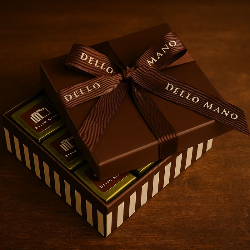 Chocolate brownie gift box with 'Dello Mano' ribbon on a brown background