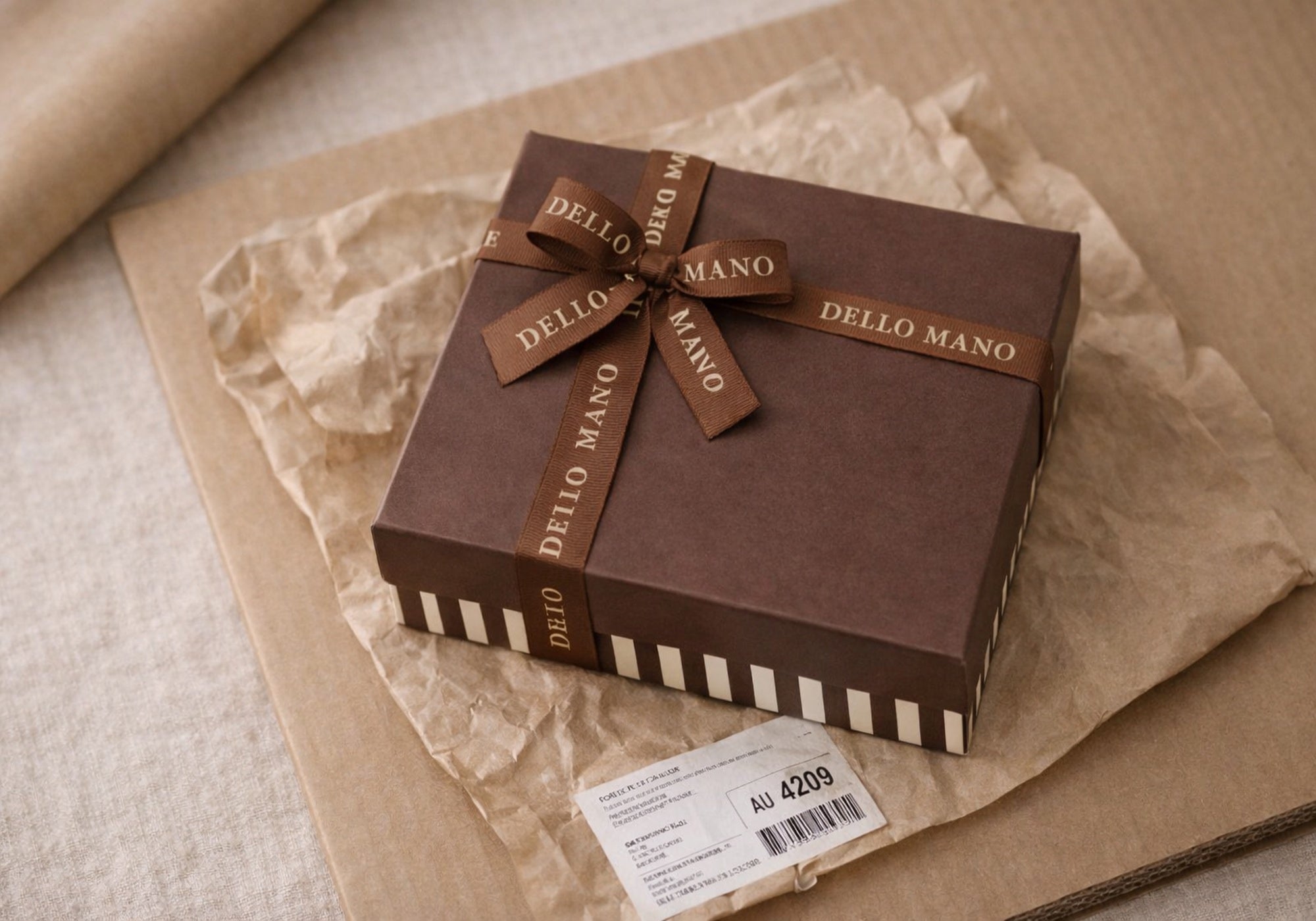 chocolate gift box on packing surface with ribbon and shipping label ready for delivery Australia