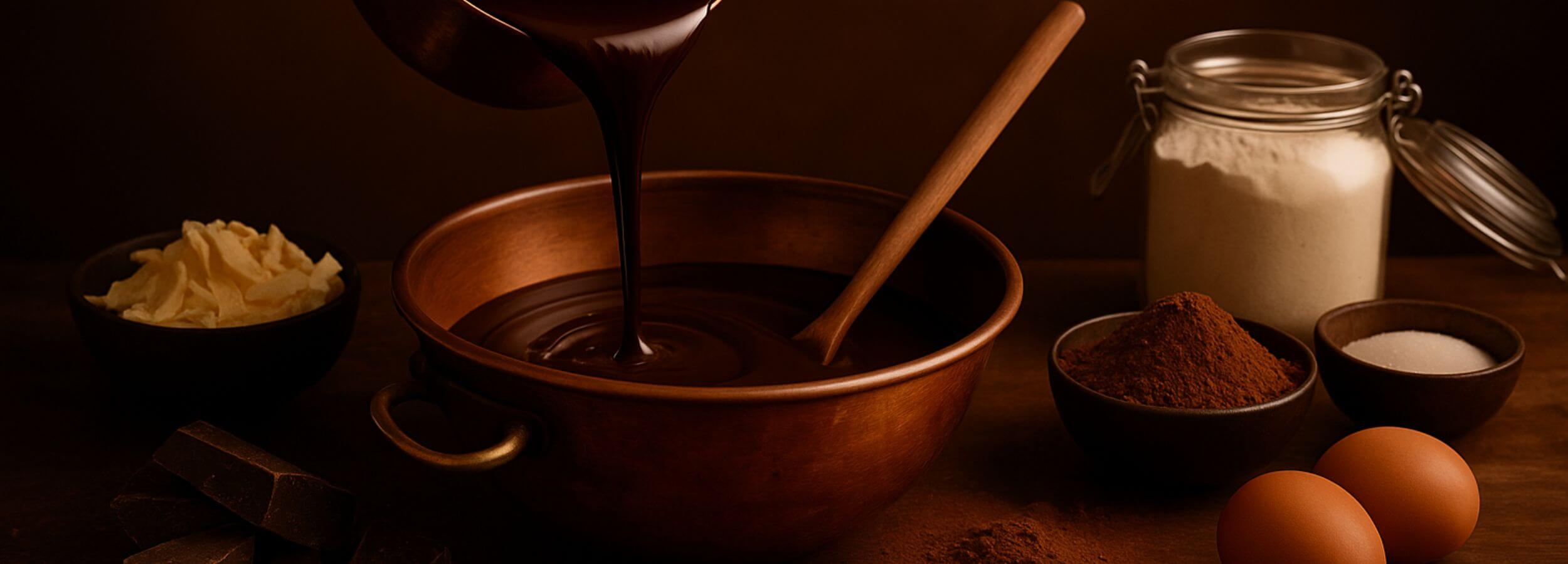 Chocolate being poured into a bowl with ingredients like cocoa powder, eggs, and sugar on a wooden surface.