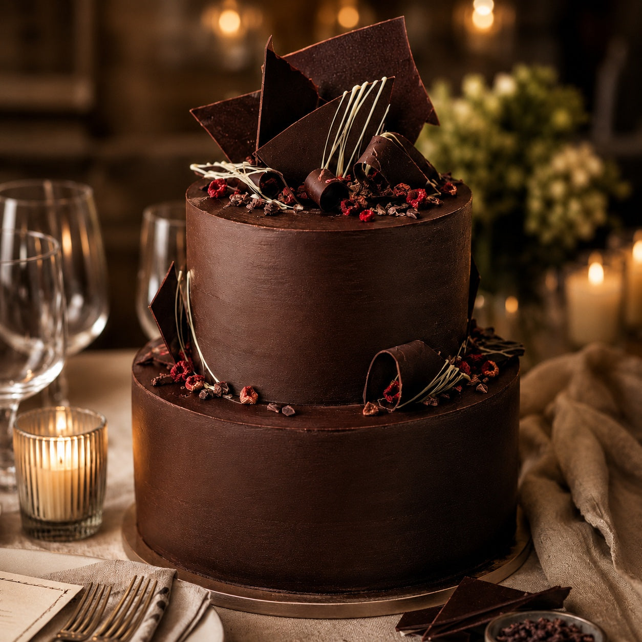 Chocolate cake with decorative elements on a table setting with candles and glasses.