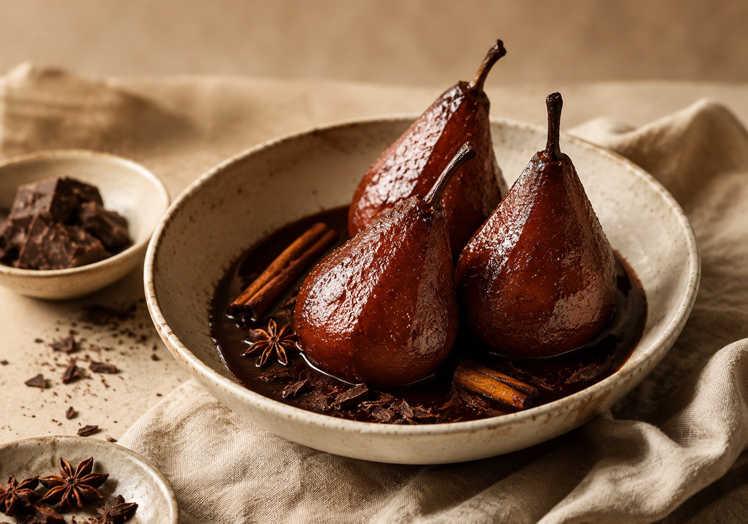 Chocolate-spiced pears poached with chocolate and warming spices, styled with cinnamon, star anise and dark chocolate