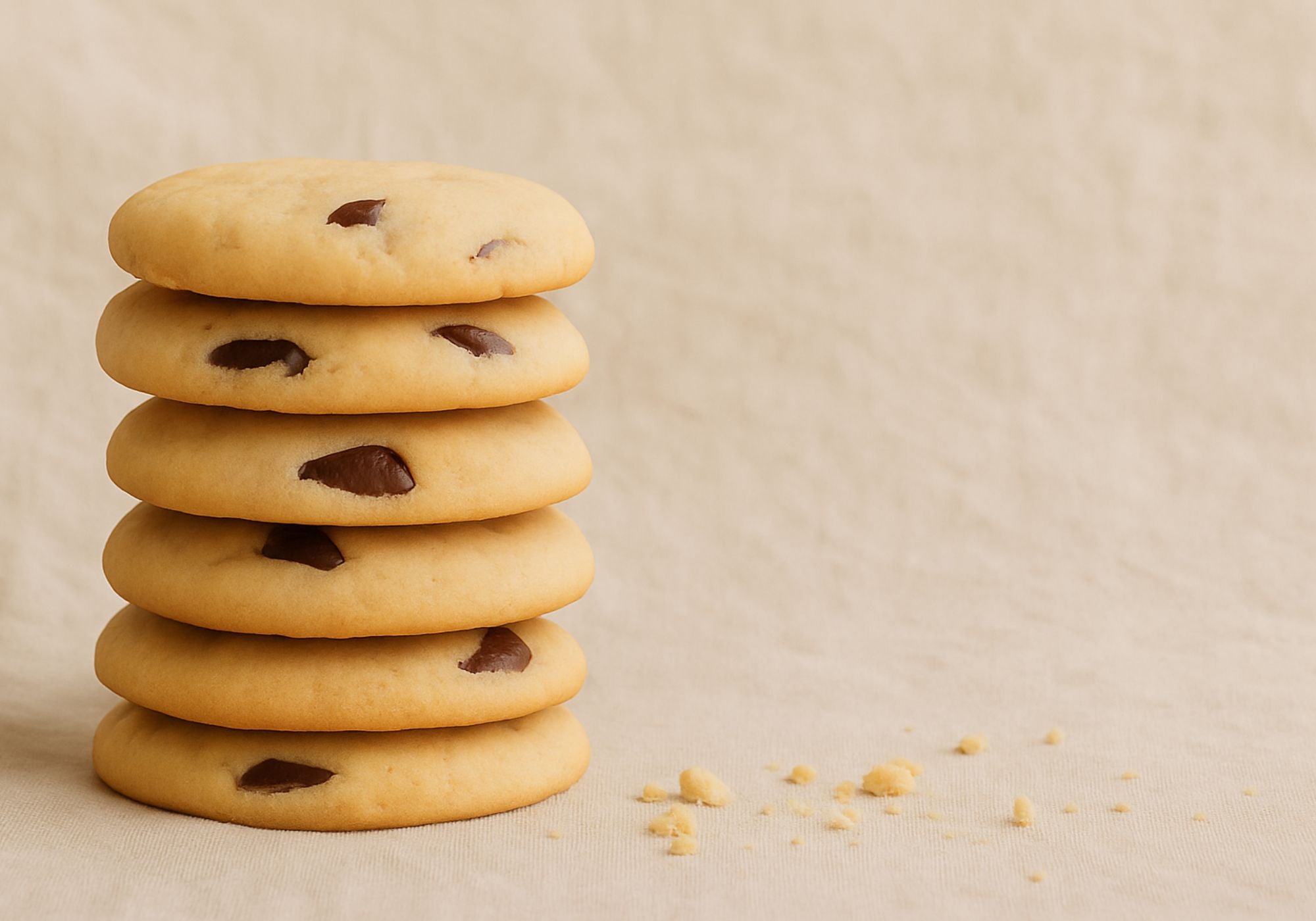 Stack of handmade chocolate chip cookies on a beige background