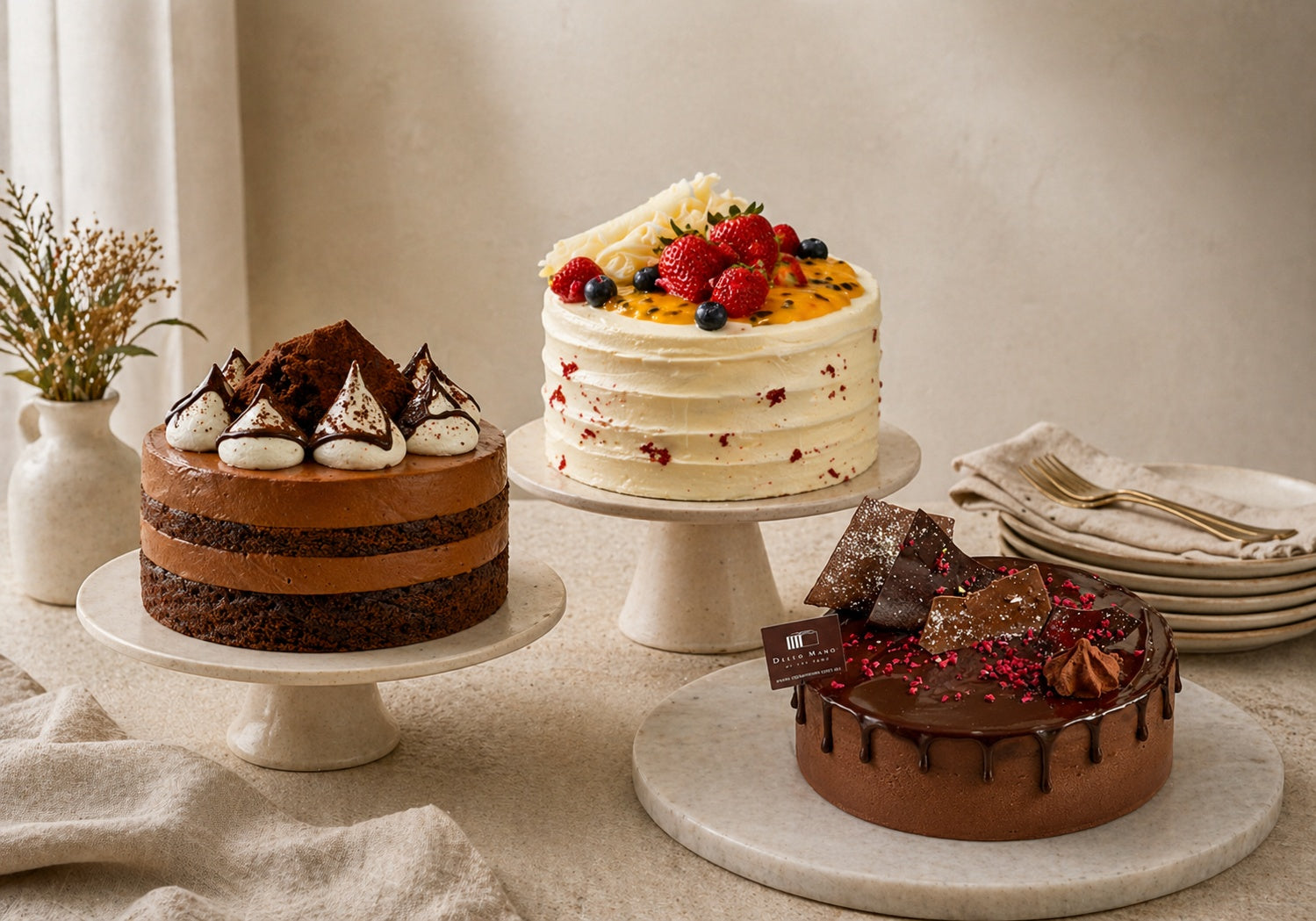 corporate cakes brisbane displayed for office events with handmade cakes on stands in clean professional setting