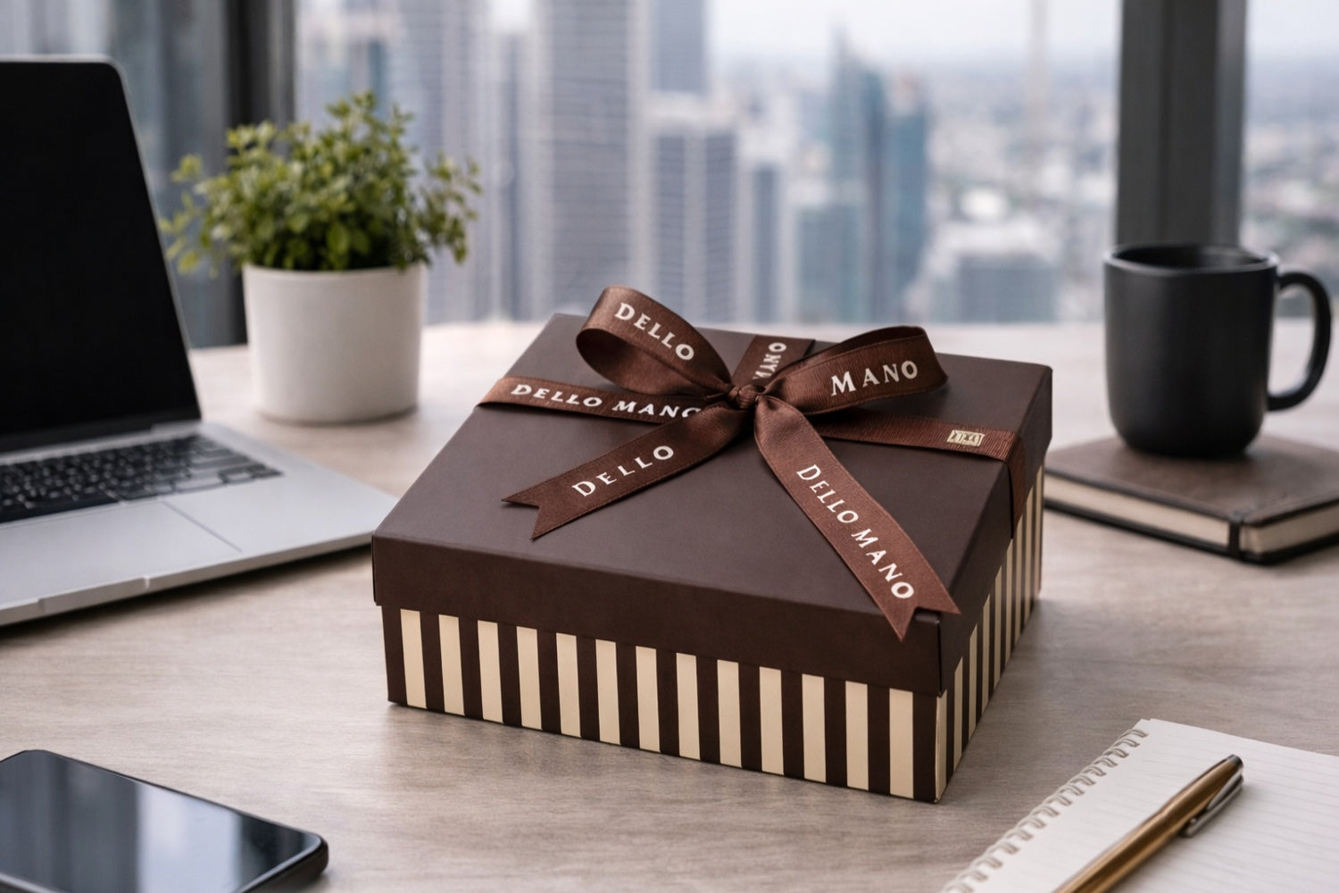 Dello Mano brownie gift box tied with branded ribbon on a modern office desk beside a laptop, notebook and coffee cup.