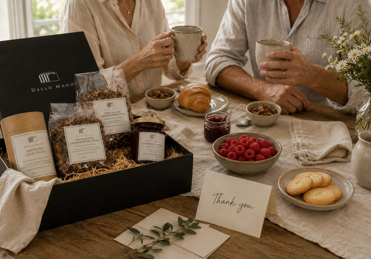 Parents enjoying a Dello Mano wedding thank-you hamper with breakfast treats after the celebration