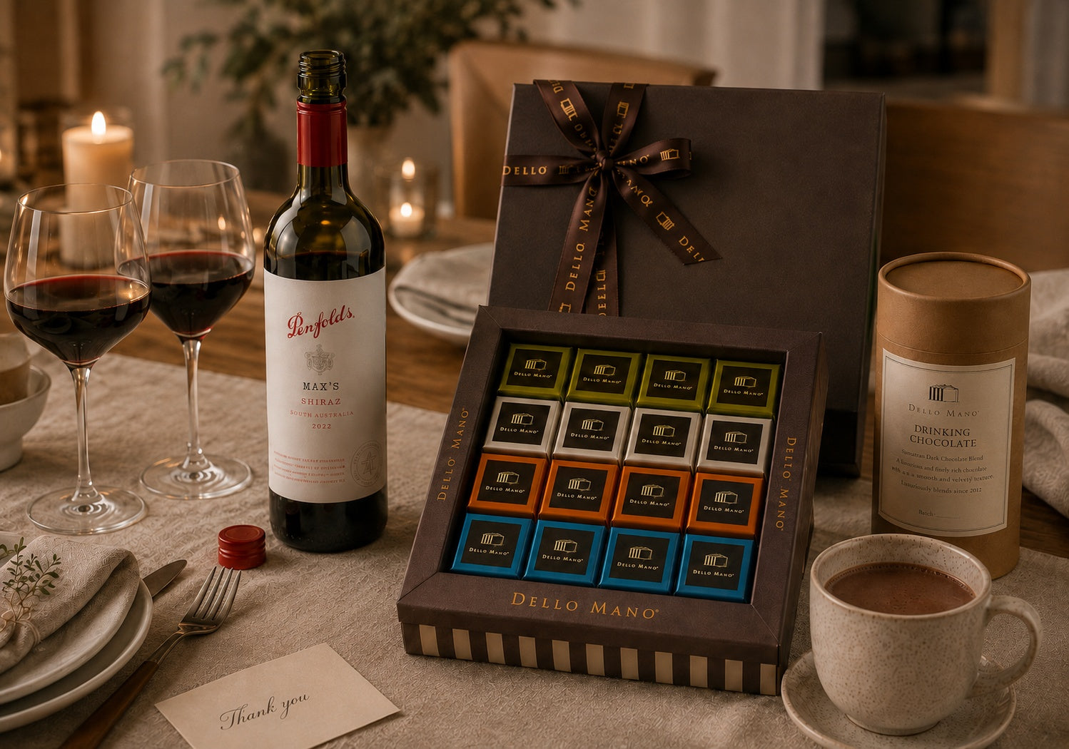 Dello Mano event gift hamper with red wine, brownies and drinking chocolate for a relaxed evening after a private celebration

