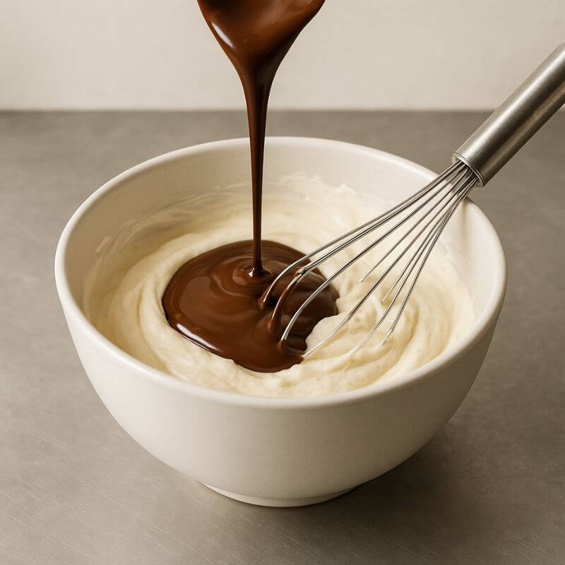Chocolate being poured into a bowl of whipped cream with a whisk.