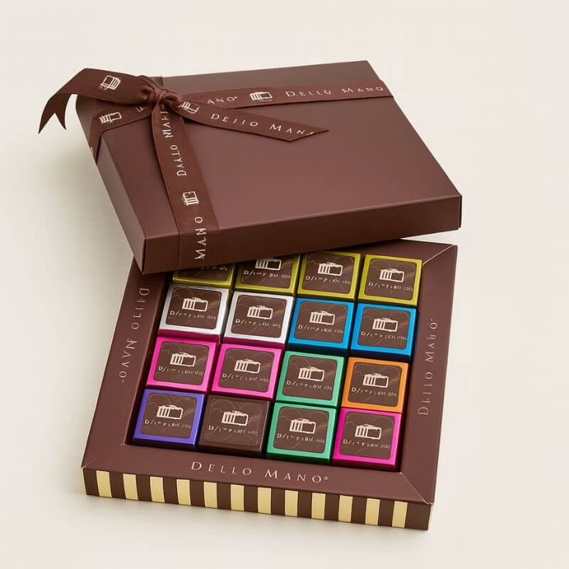 Dello Mano 16-piece luxury brownie gift box with signature ribbon and assorted foil-wrapped flavours, displayed on a soft off-white background.