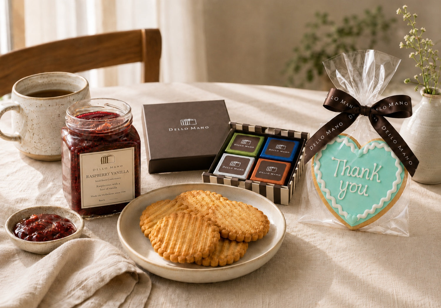 Dello Mano alcohol-free hamper lifestyle setting with a four-piece brownie gift box, French-style galettes, raspberry vanilla preserve and a wrapped thank-you cookie.