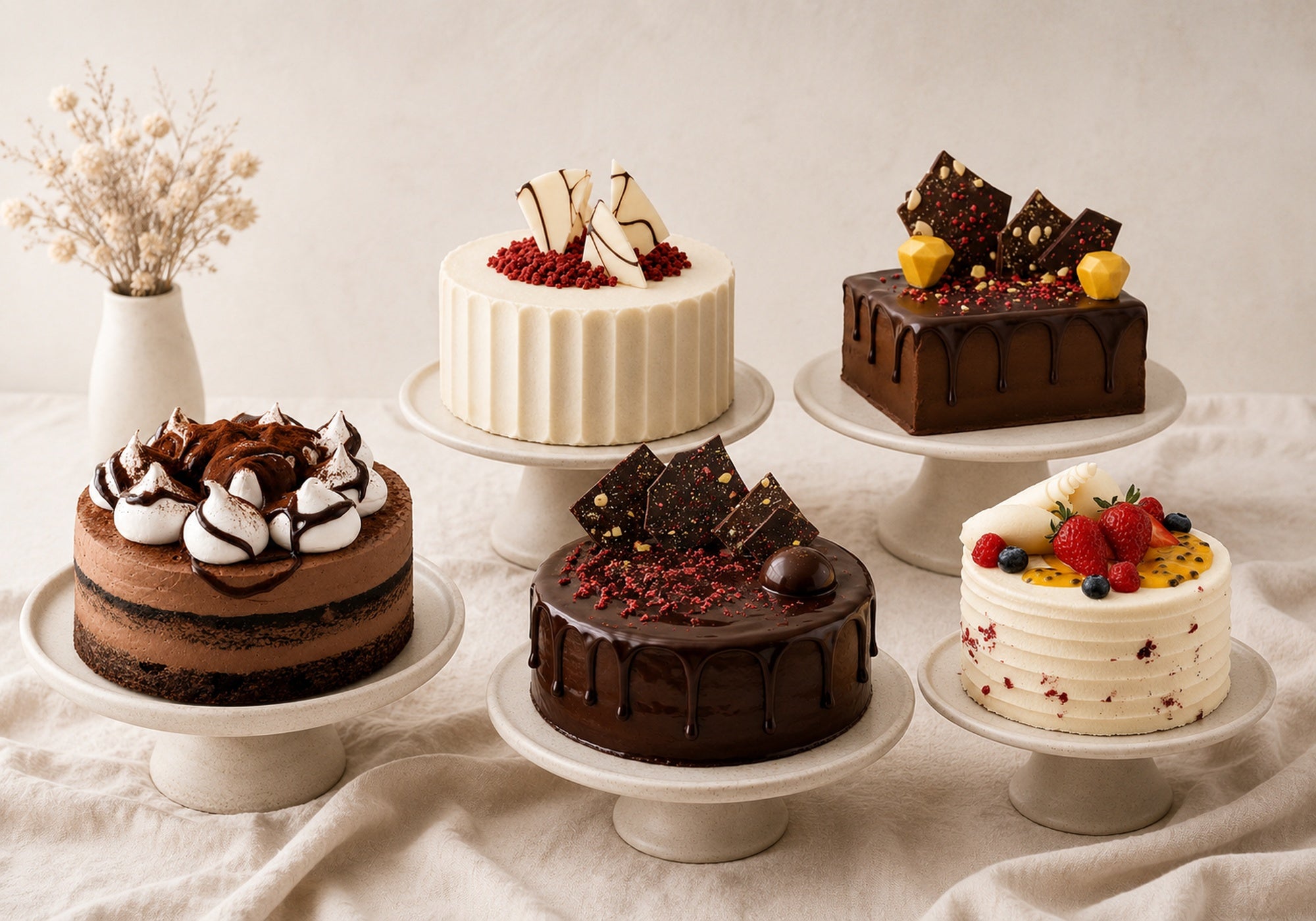 Best-selling Dello Mano cakes displayed on ceramic cake stands, including chocolate, raspberry, red velvet and passionfruit cakes in a calm neutral setting.