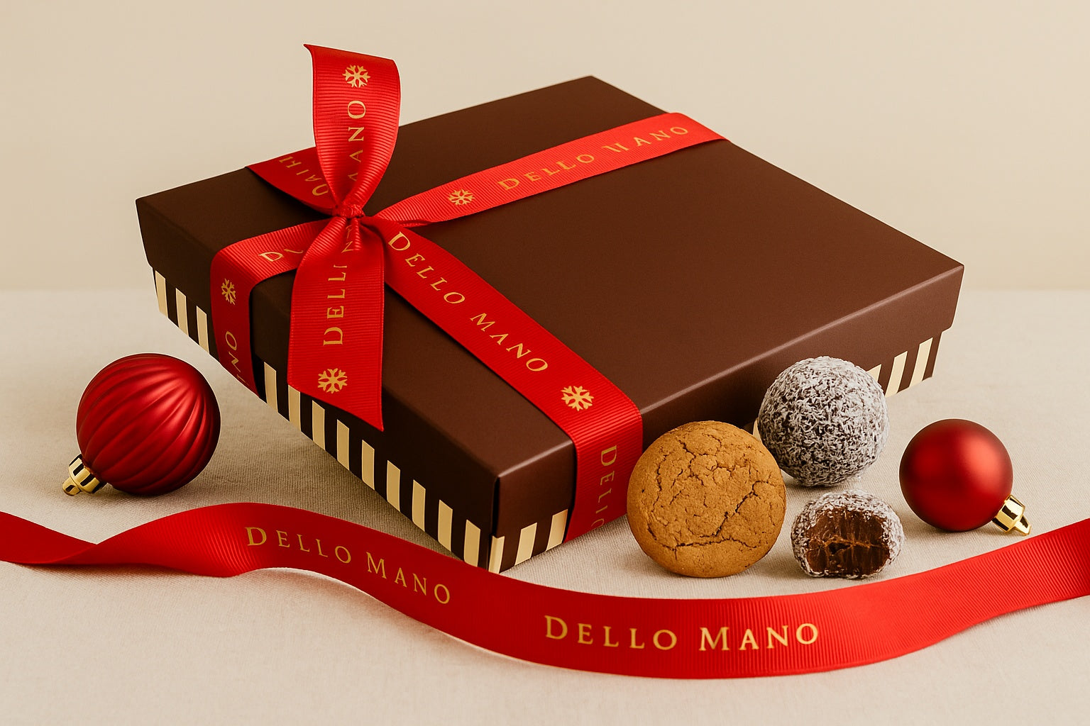 A luxury Dello Mano gift box wrapped with a red ribbon sits on a neutral linen surface. Beside the box are festive red baubles, a golden ginger nut cookie, and chocolate rum balls coated in coconut, with one rum ball bitten open to reveal its rich interior.