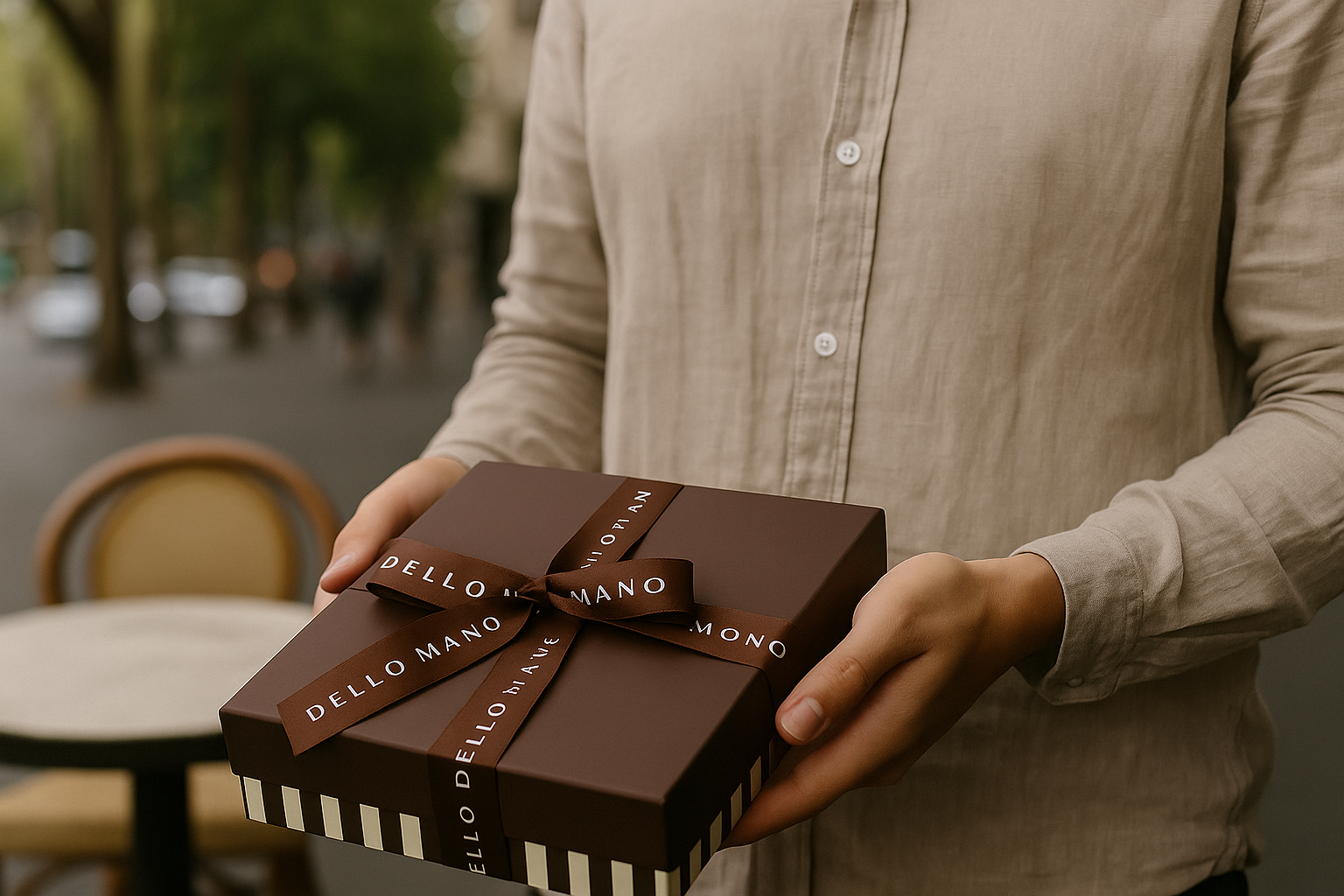 Dello Mano brownie gift box on Melbourne café table representing luxury brownie delivery Melbourne