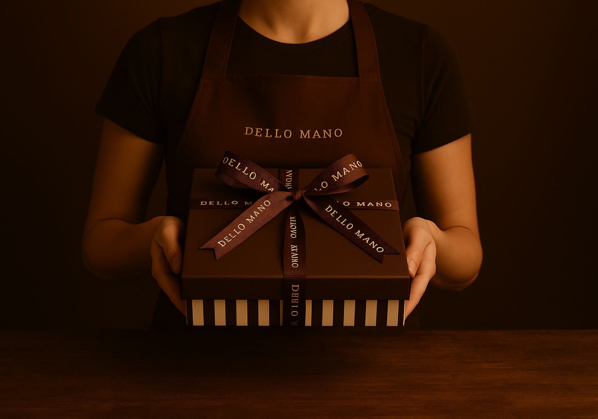 Person holding a box with 'Dello Mano' branding against a dark background