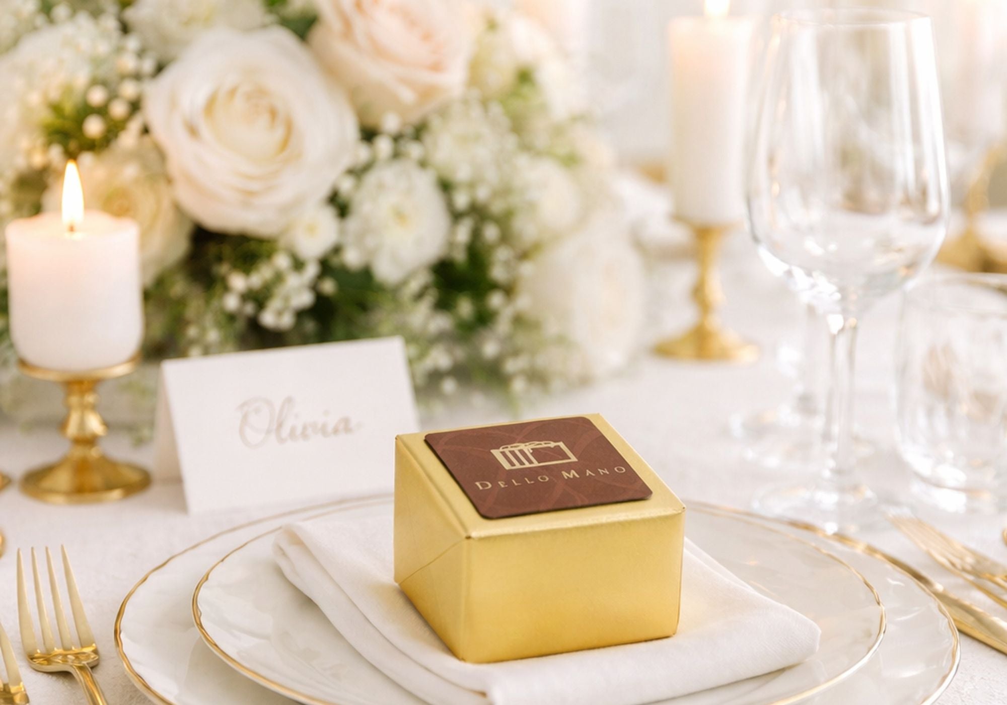 Dello Mano Luxury Brownie Cube wedding favour on elegant place setting with white flowers and candles