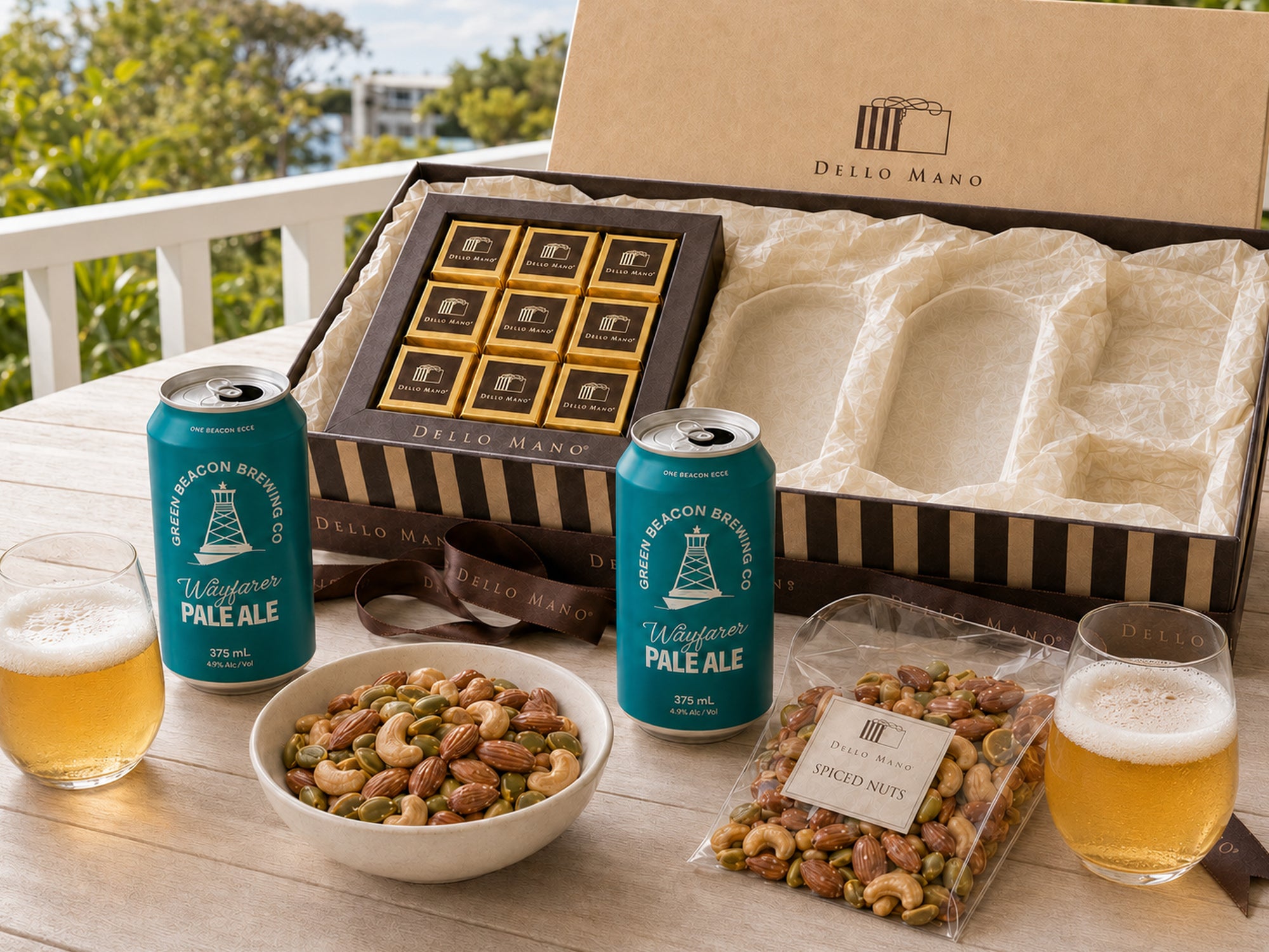 Dello Mano Brownies & Beer Hamper with two Green Beacon Pale Ales, two glasses and opened spiced nuts on a Queensland balcony.