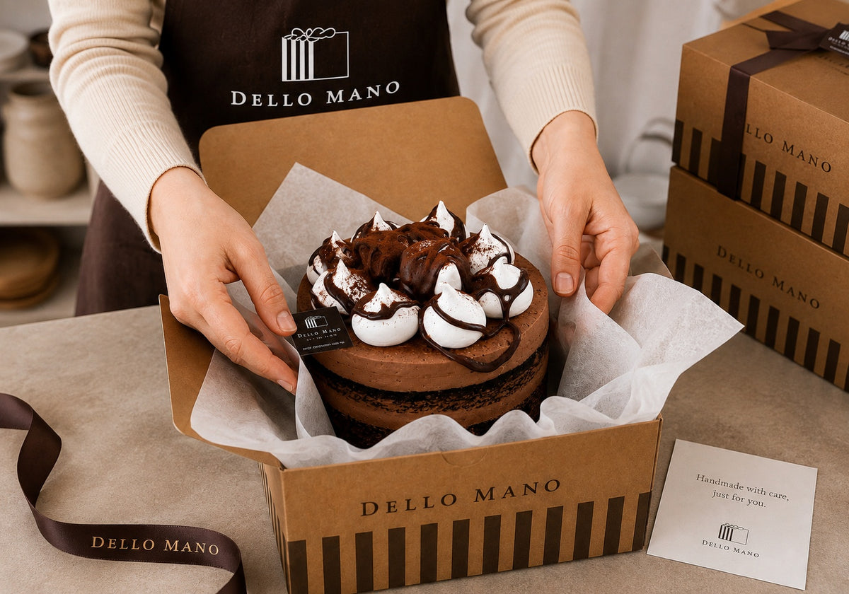 Dello Mano handmade chocolate birthday cake being packed in a cake box for Brisbane birthday cake delivery