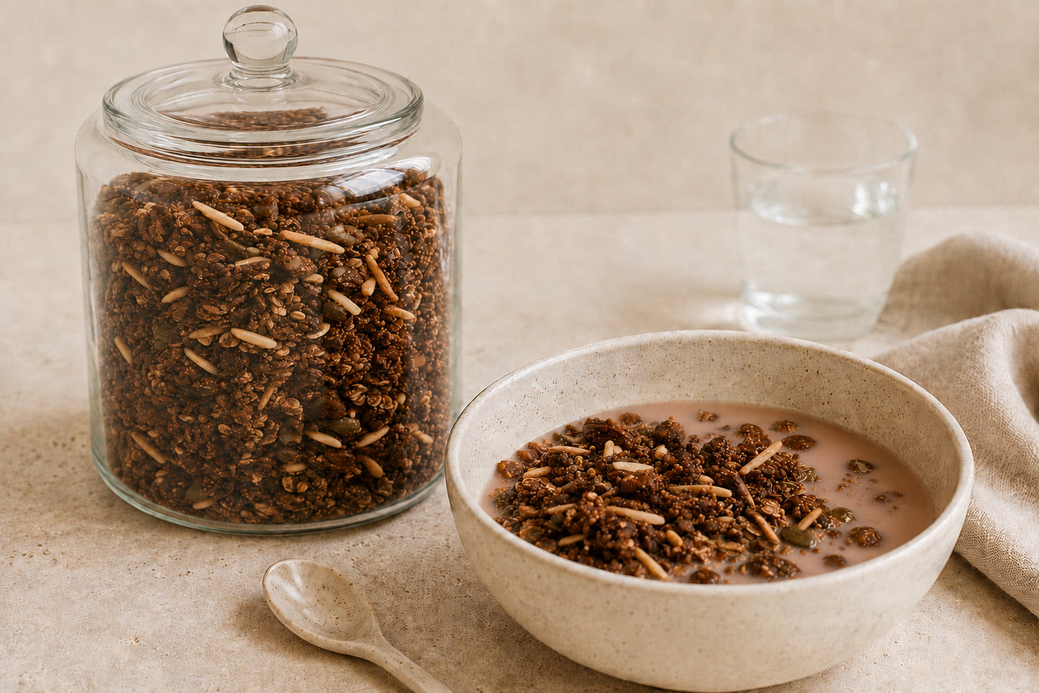 Dello Mano Chocolate & Cinnamon Granola with almond slivers and pepitas, displayed in a glass jar and served with chocolate milk.