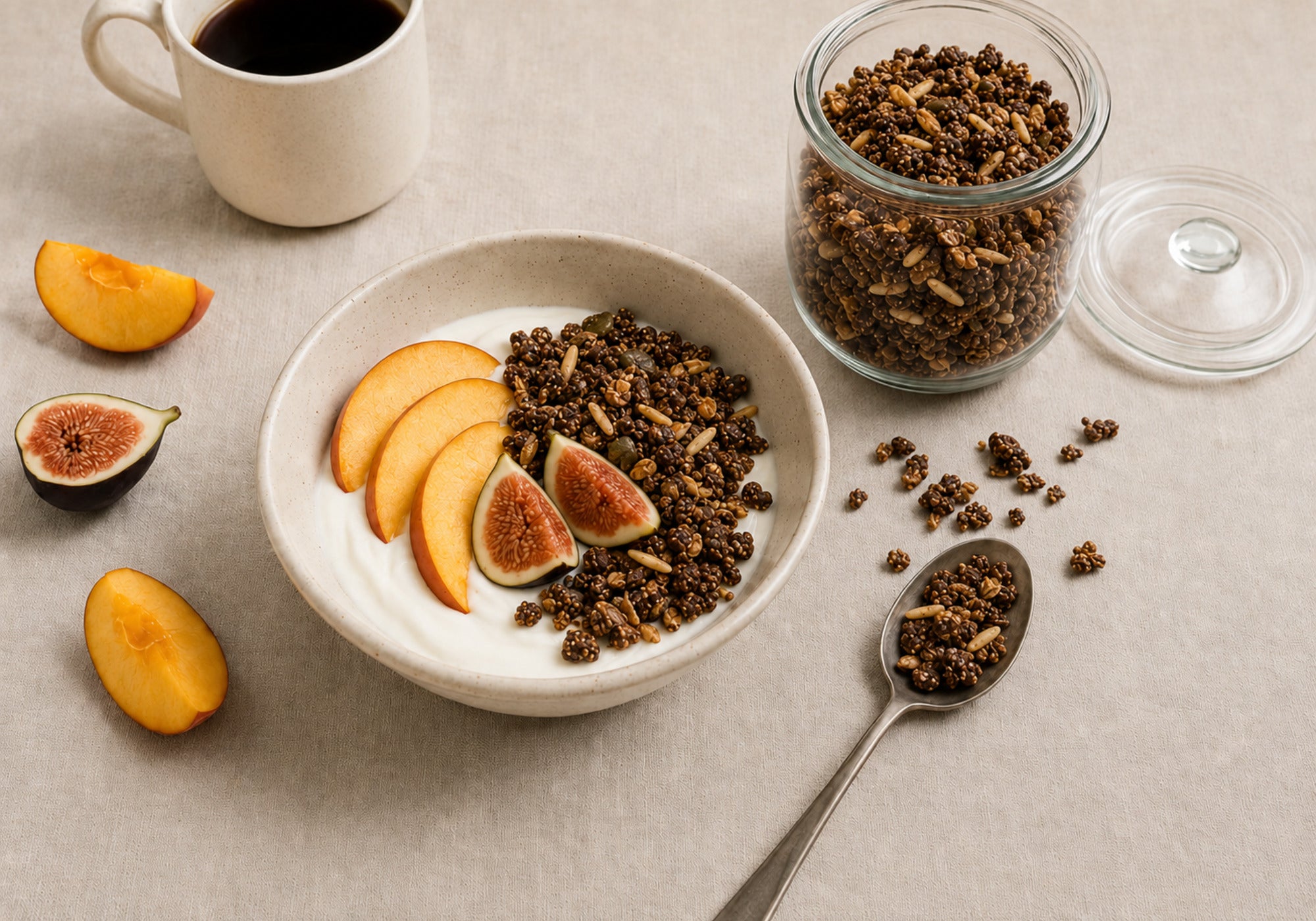 Dello Mano Chocolate & Cinnamon Granola with almond slivers, yoghurt, stone fruit and figs in a warm breakfast setting.