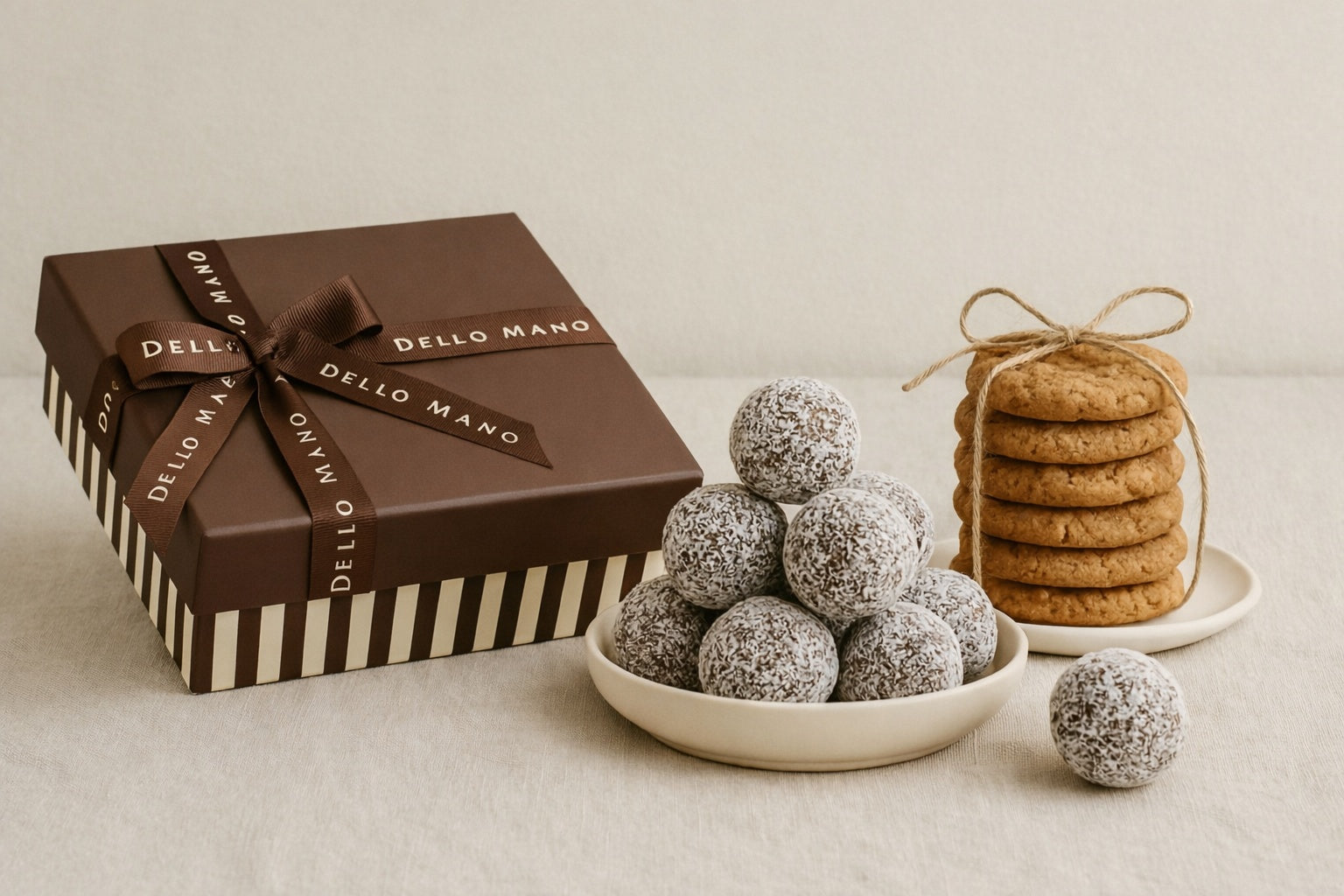 Handmade chocolate gift box with cookies and chocolate treats arranged on linen, showing a considered range of birthday chocolate gifts