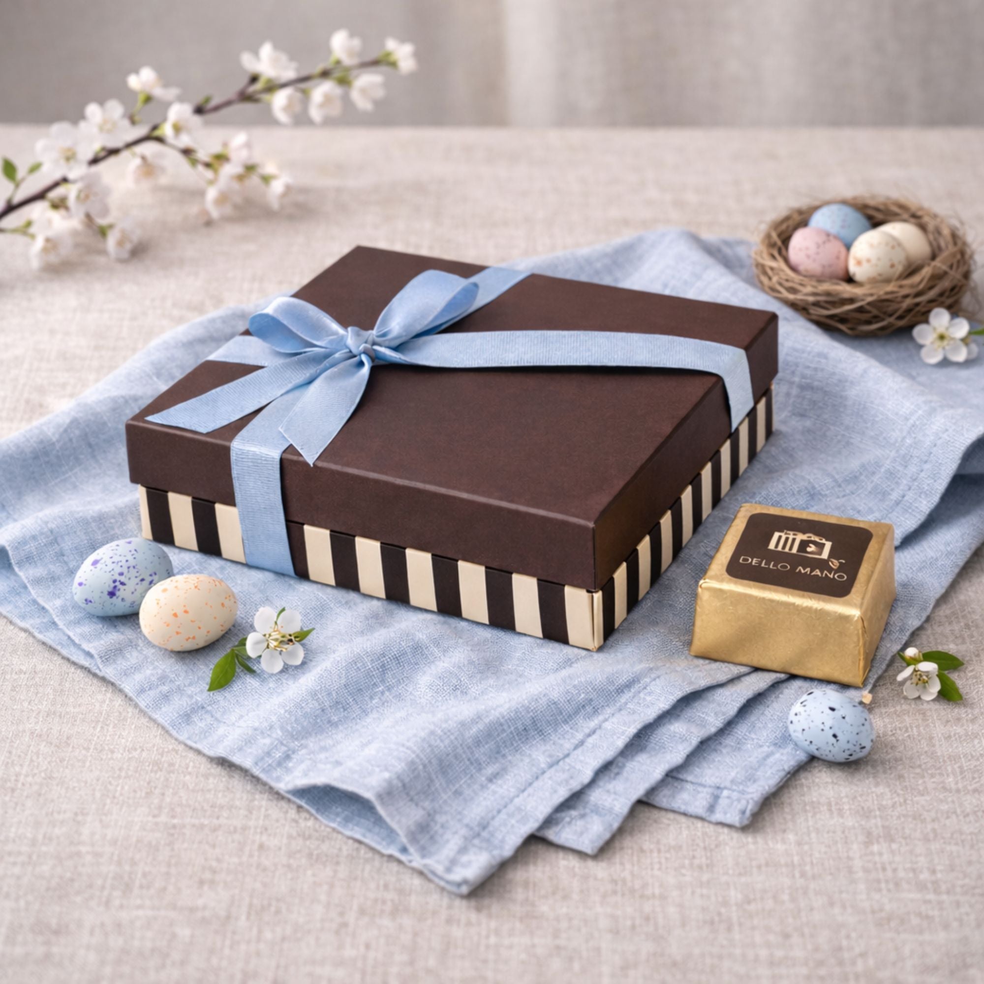 Dello Mano Easter chocolate gift box with blue ribbon, handmade brownie cube and pastel Easter eggs