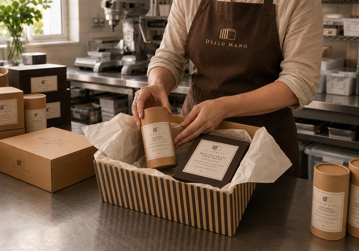 Hands packing a Dello Mano chocolate hamper in the West End kitchen, with drinking chocolate and milk chocolate rocky road placed into a striped hamper box on a stainless-steel bench.