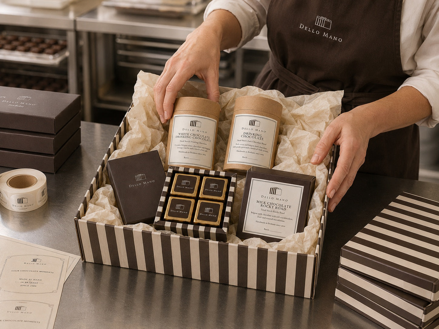 Dello Mano team member packing the Chocolate Moments Hamper with drinking chocolate, wrapped brownies and Rocky Road in the striped gift box.