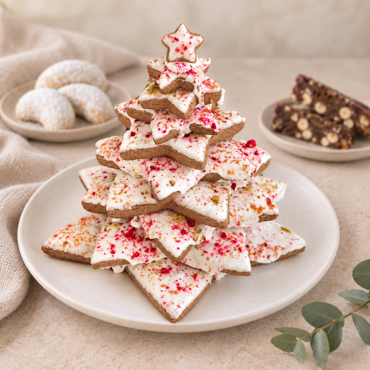 Dello Mano iced gingerbread Christmas tree with Kourabiedes and panforte in the background.