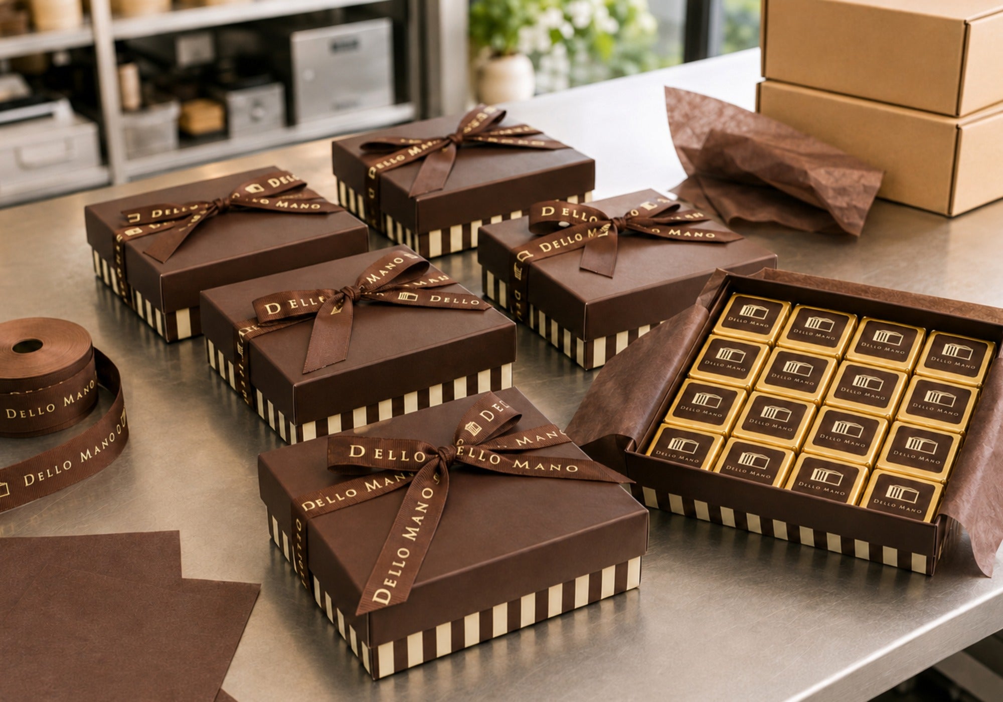 Dello Mano corporate brownie gift boxes prepared on a packing bench for delivery to business recipients