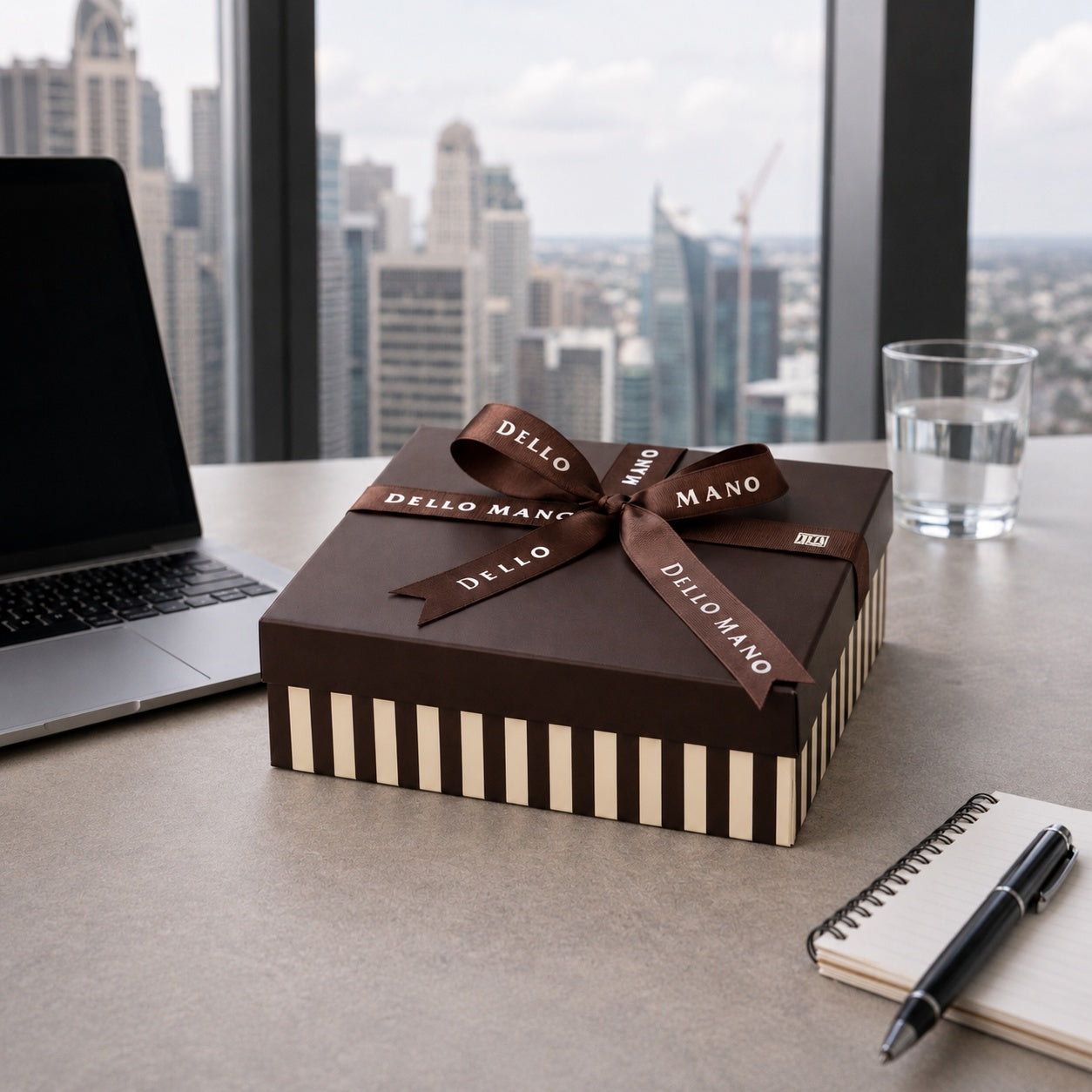 Dello Mano corporate gift box with signature ribbon on an office desk beside a laptop, notebook and city view.