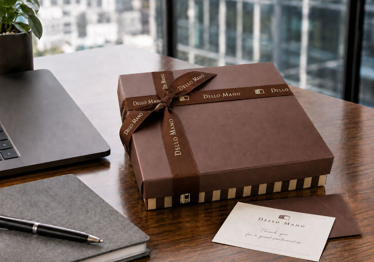 Dello Mano ribboned gift box on a polished modern office desk beside a laptop, notebook and thank-you card.