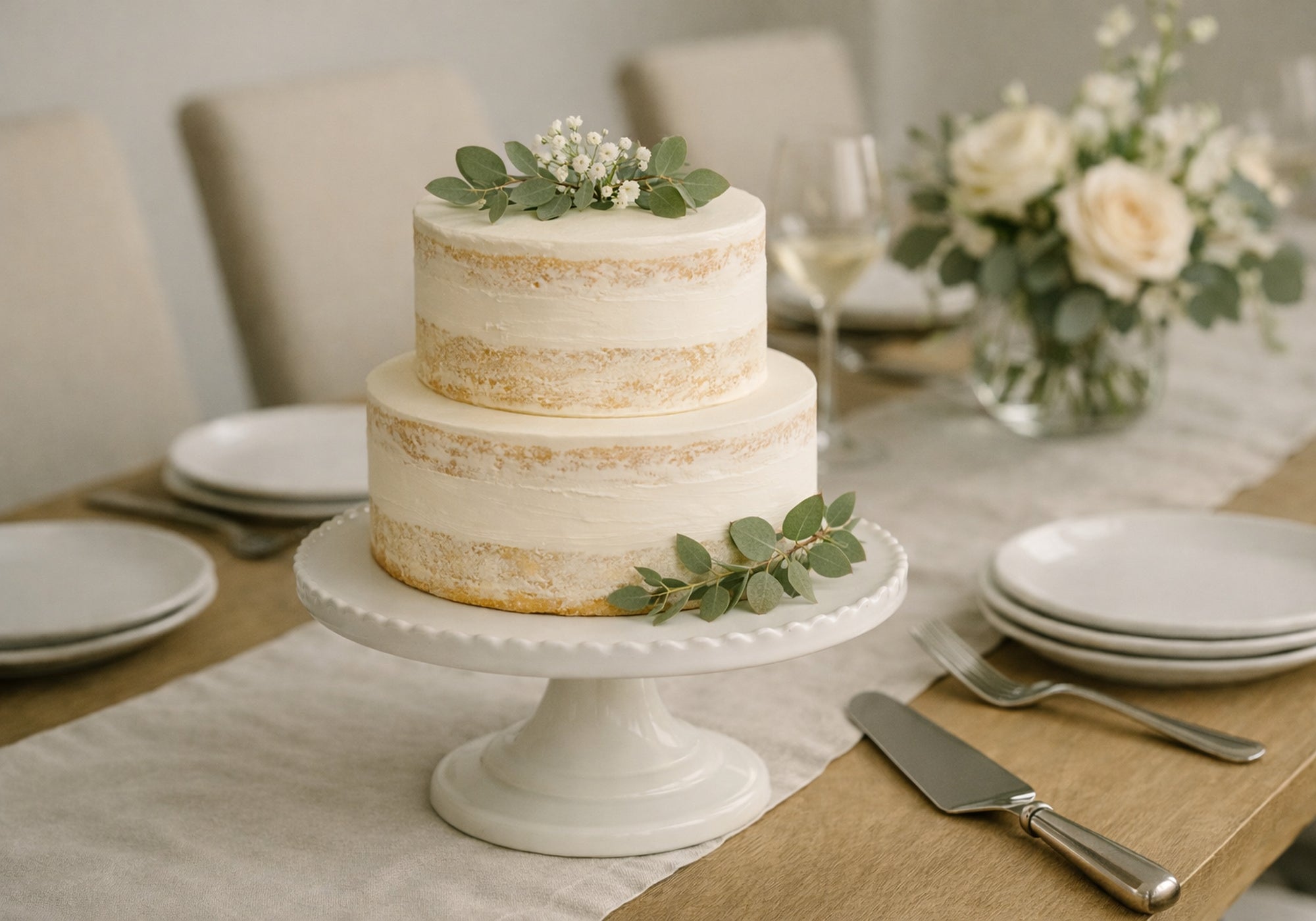 Custom wedding cake with cream semi-naked frosting and natural greenery, made in Brisbane