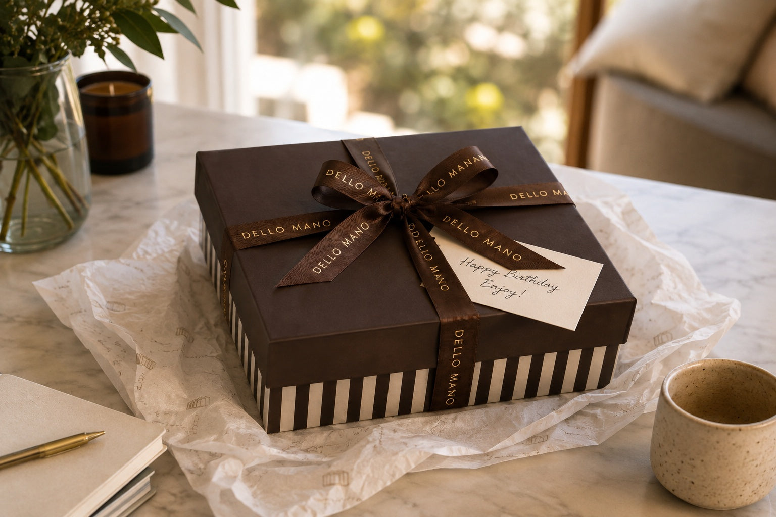 Dello Mano chocolate gift box delivered in Brisbane with branded ribbon, tissue wrap and a personal message card
