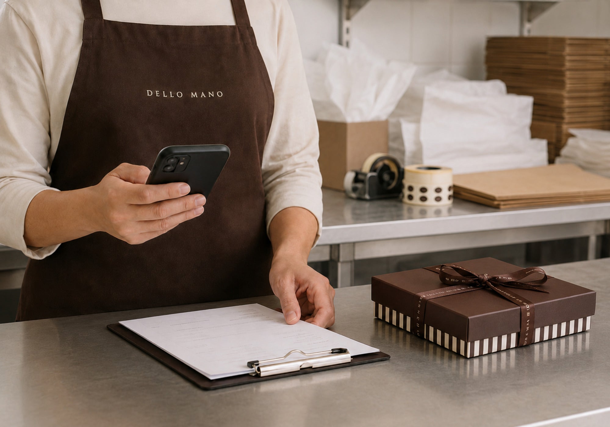 Dello Mano team member assisting with delivery beside a 16-piece brownie gift box in the kitchen dispatch area.