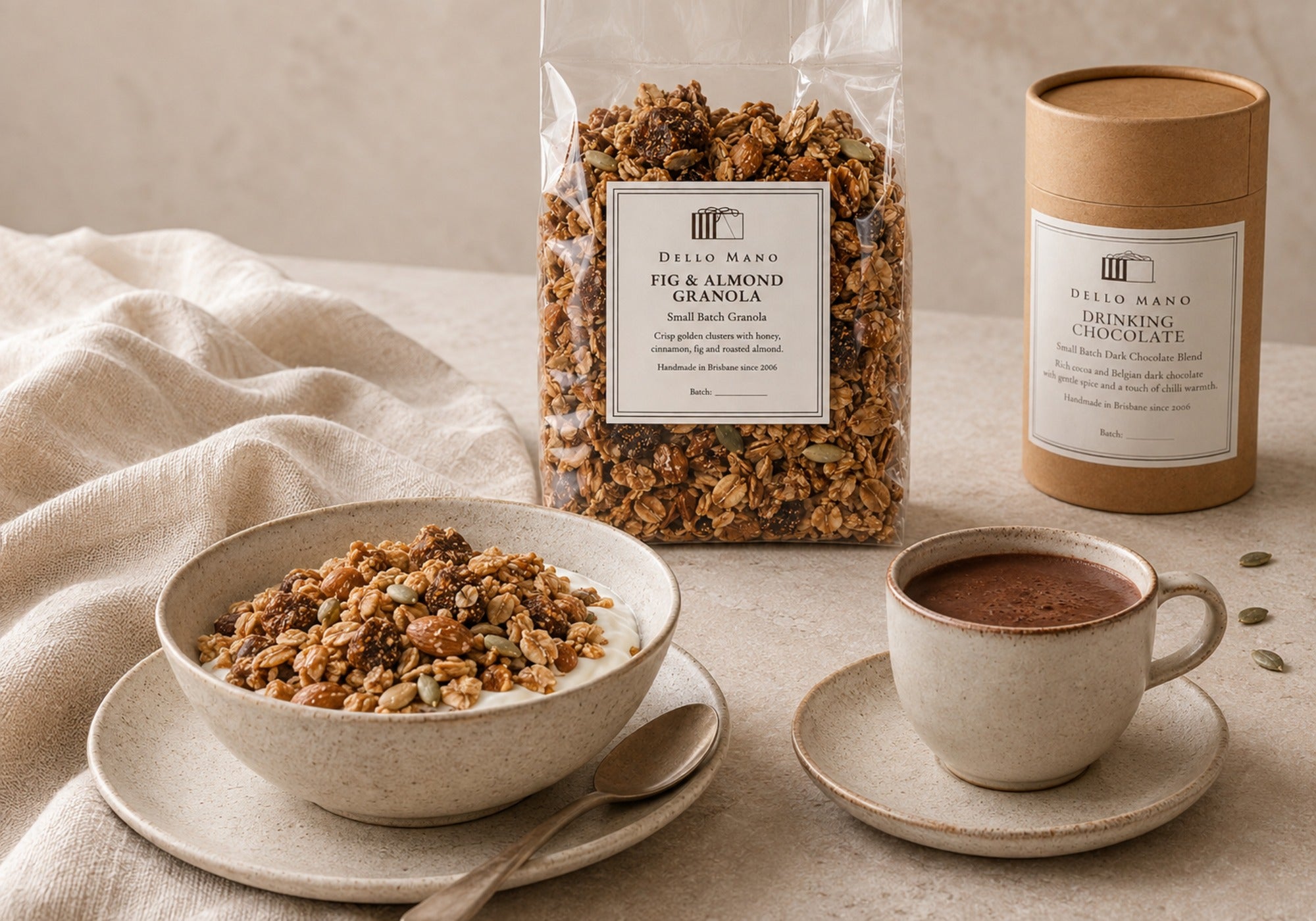 Dello Mano Dark Drinking Chocolate served beside handmade Fig & Almond Granola for breakfast.