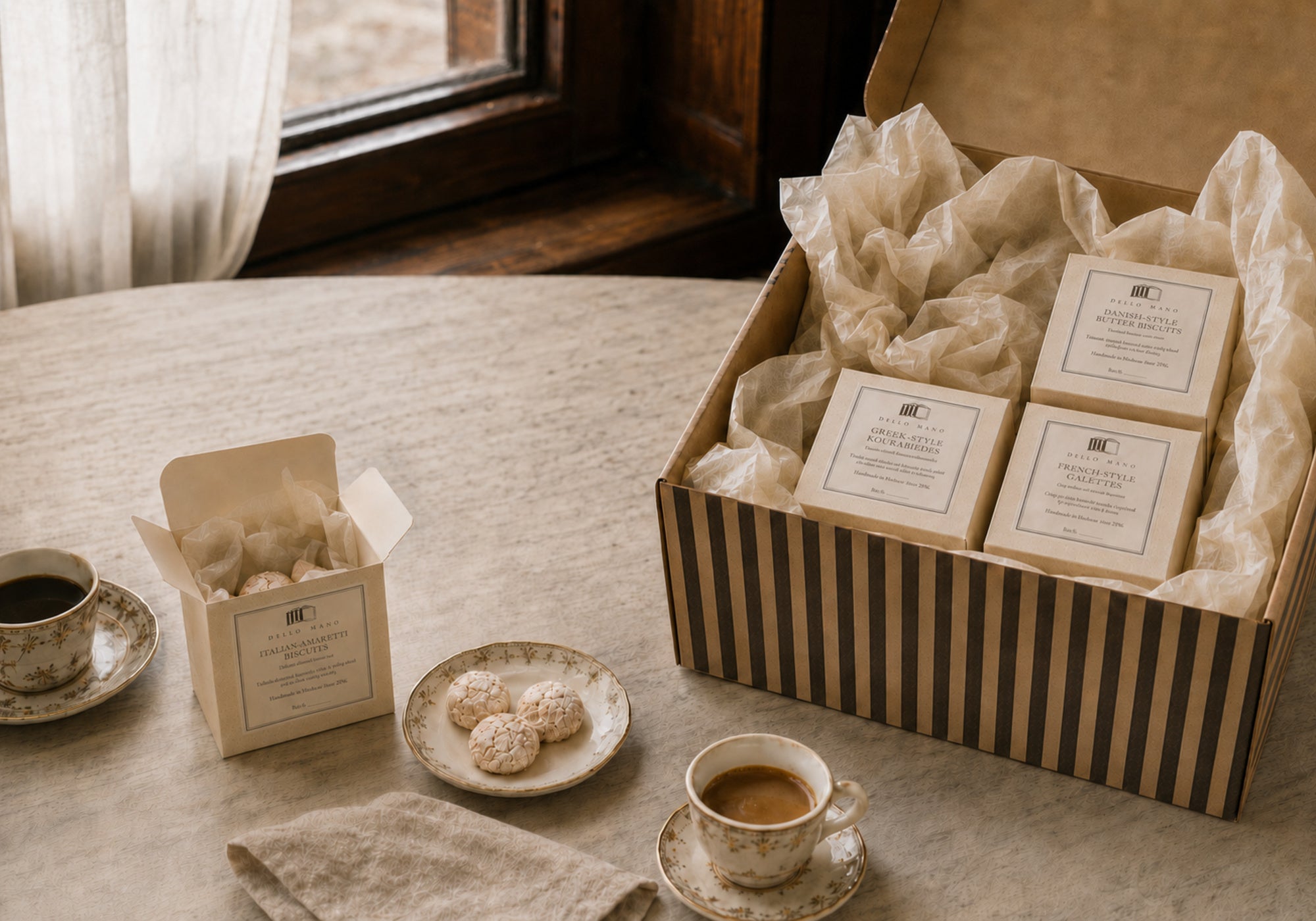 Open Dello Mano European Biscuit Collection Hamper with handmade Italian Amaretti biscuits, three boxed biscuit varieties and coffee by a softly lit window.