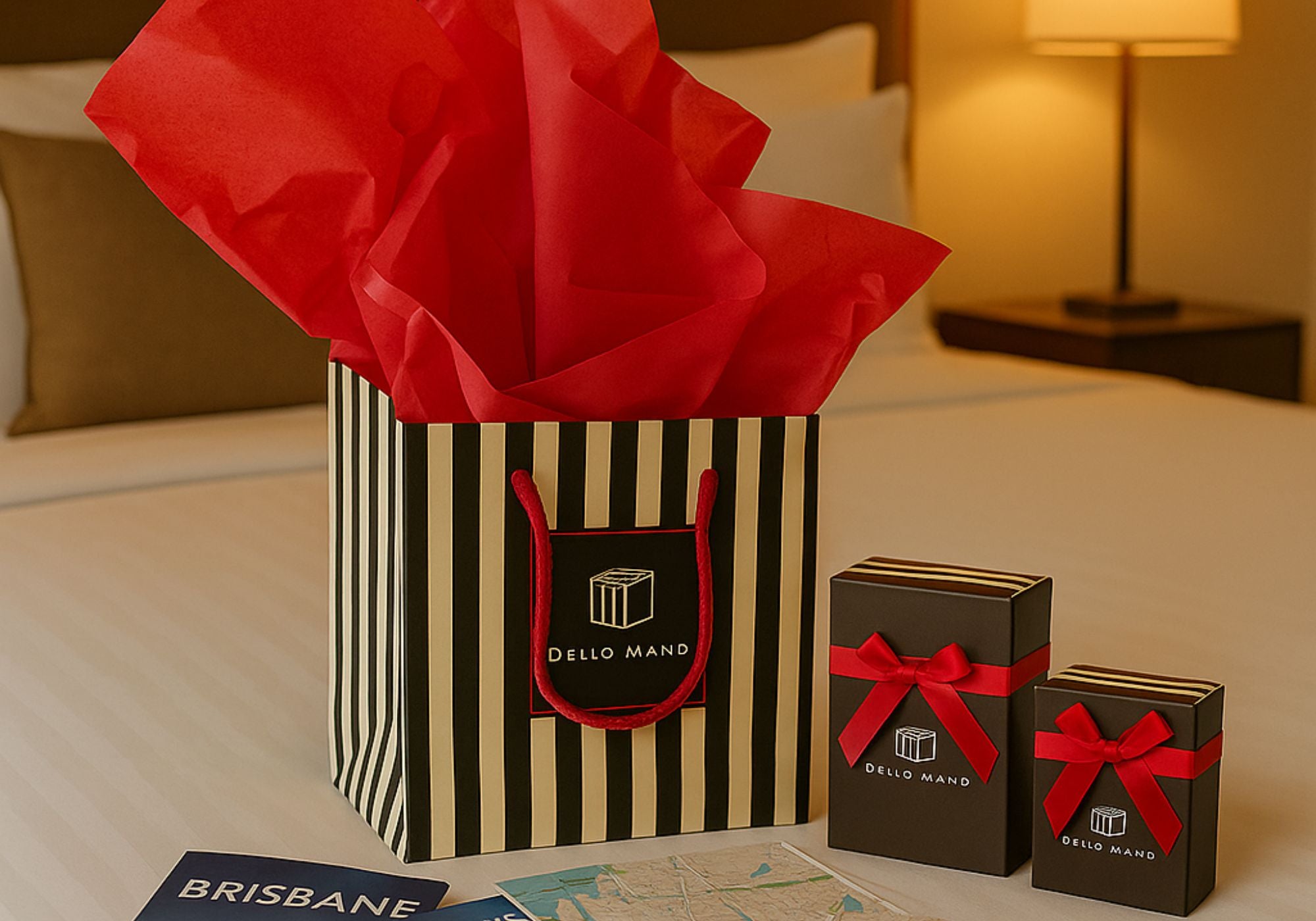 Gift bag with red tissue paper and two  Dello Mano brownie gift boxes with red ribbons on a hotel bed with brisbane tourist maps in front,