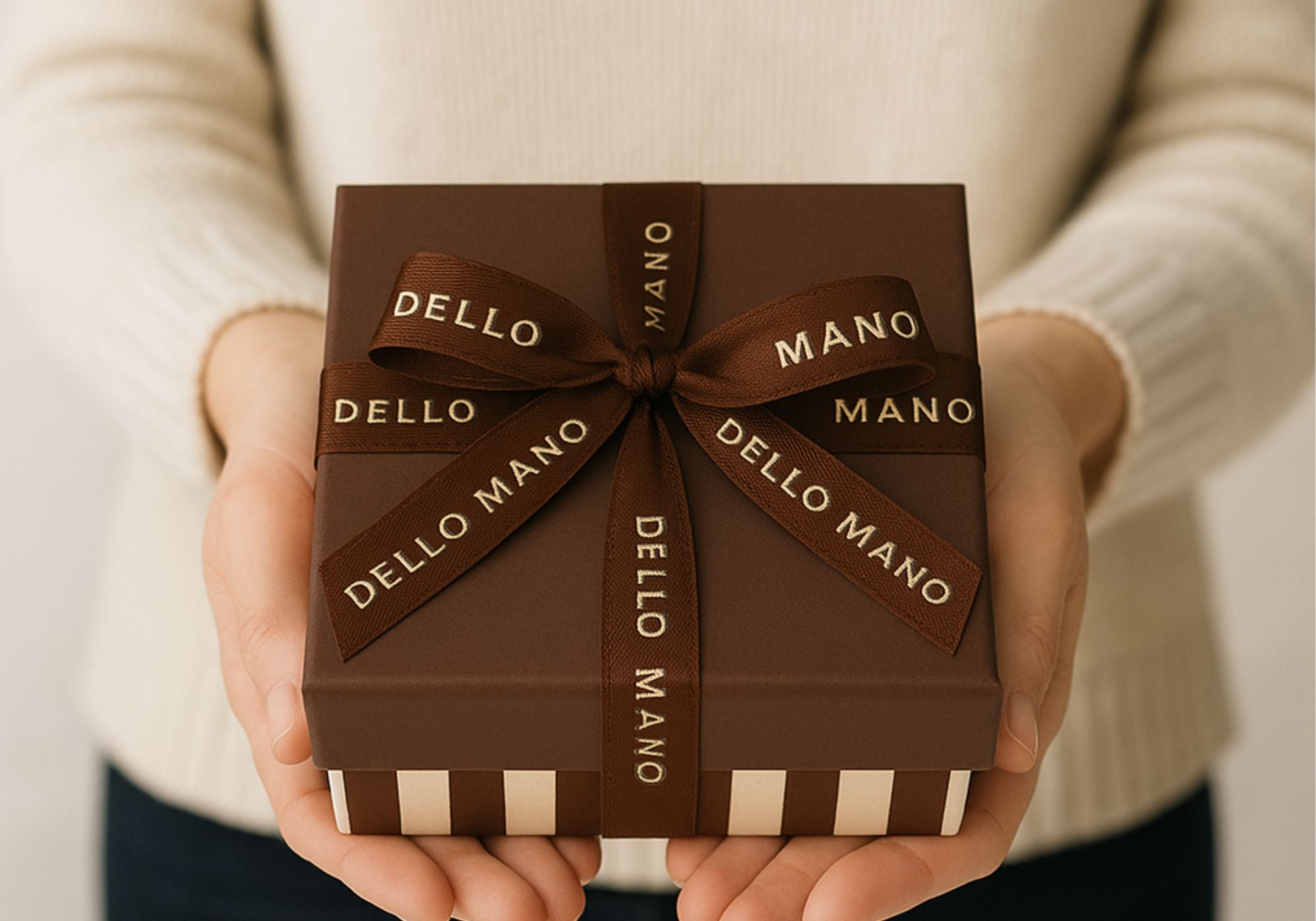 Dello Mano luxury brownie gift box presented in hands, ready for delivery across Australia