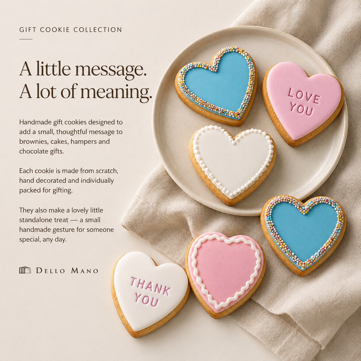 Hand-decorated Dello Mano heart-shaped gift cookies with Love You and Thank You messages, handmade for gifting and special occasions.