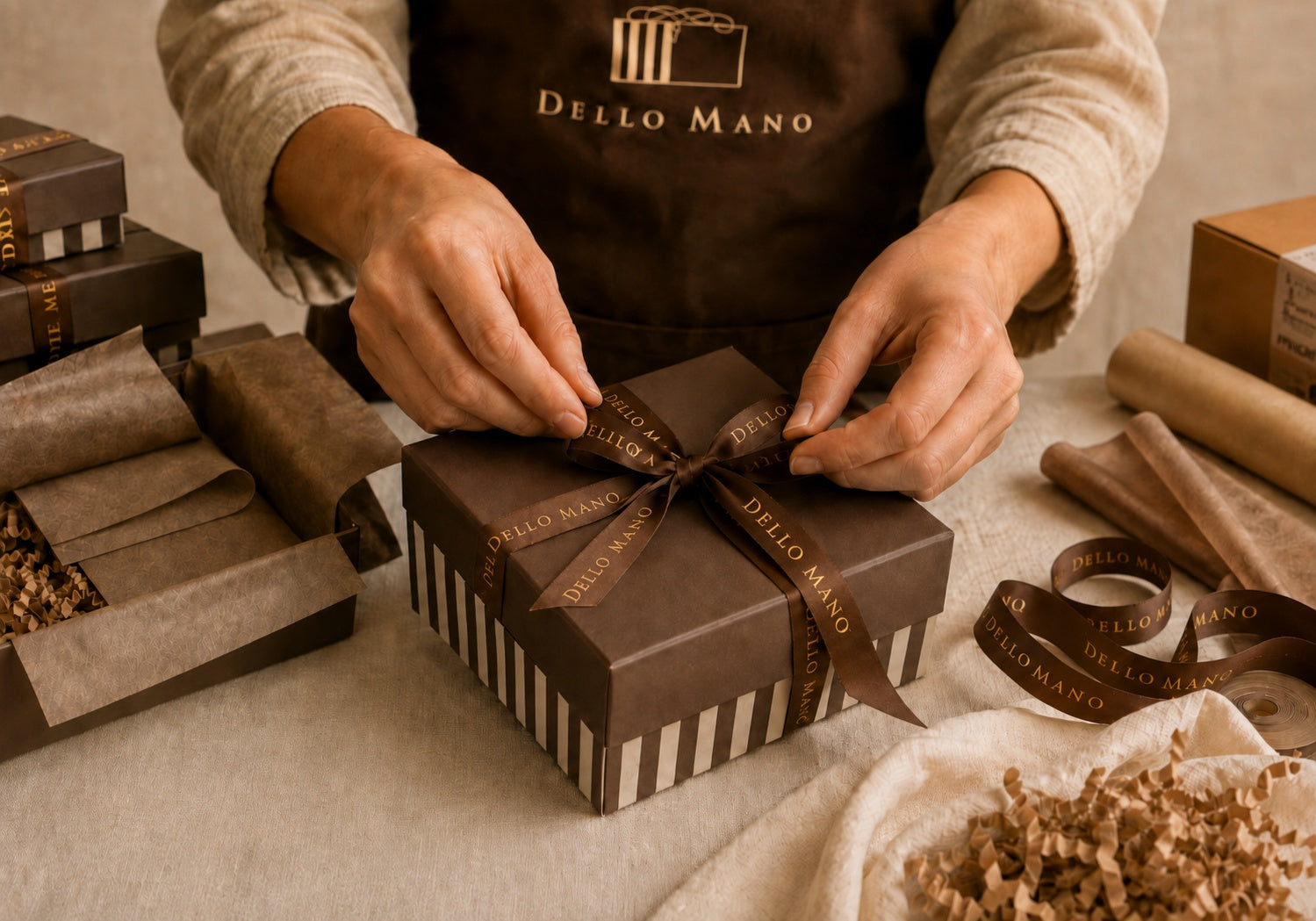 Hands tying Dello Mano branded ribbon around a striped chocolate gift box, with gift wrapping materials and dispatch packaging on a warm neutral workbench.