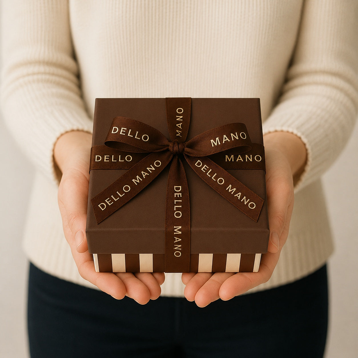 Dello Mano brownie gift box tied with branded brown ribbon, held in two hands against a soft neutral background.